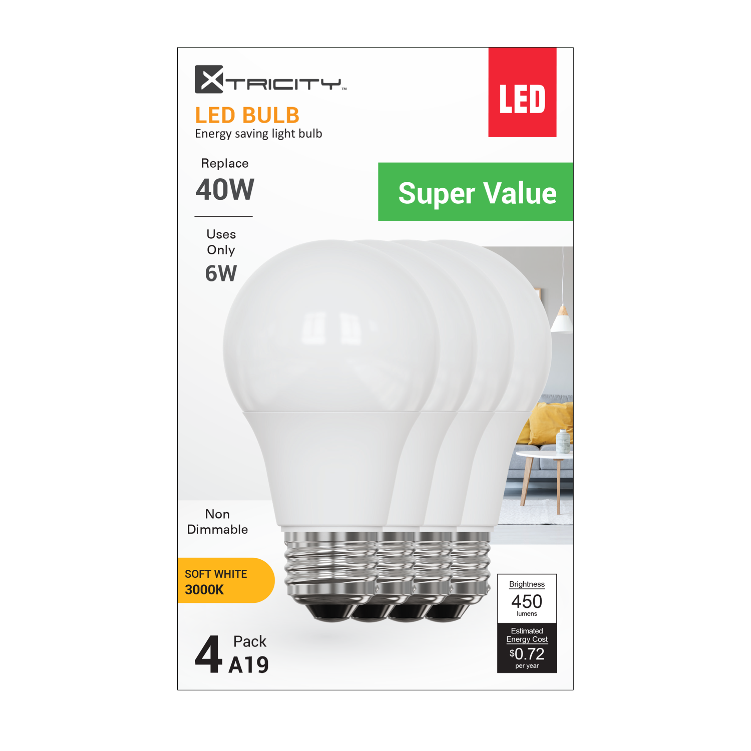 LED A19/6W/E26/450L/3000k/Non Dim/4pk