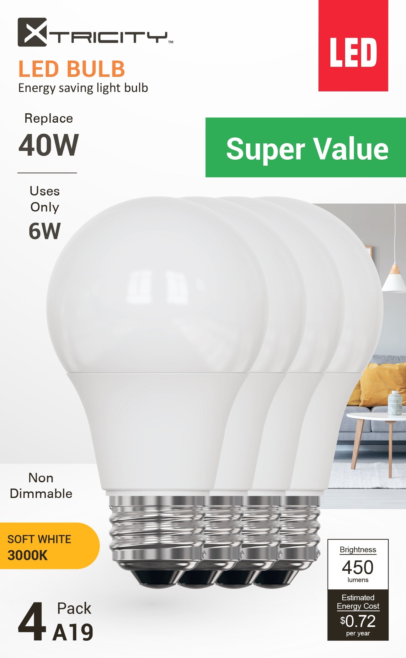 LED A19/6W/E26/450L/3000k/Non Dim/4pk