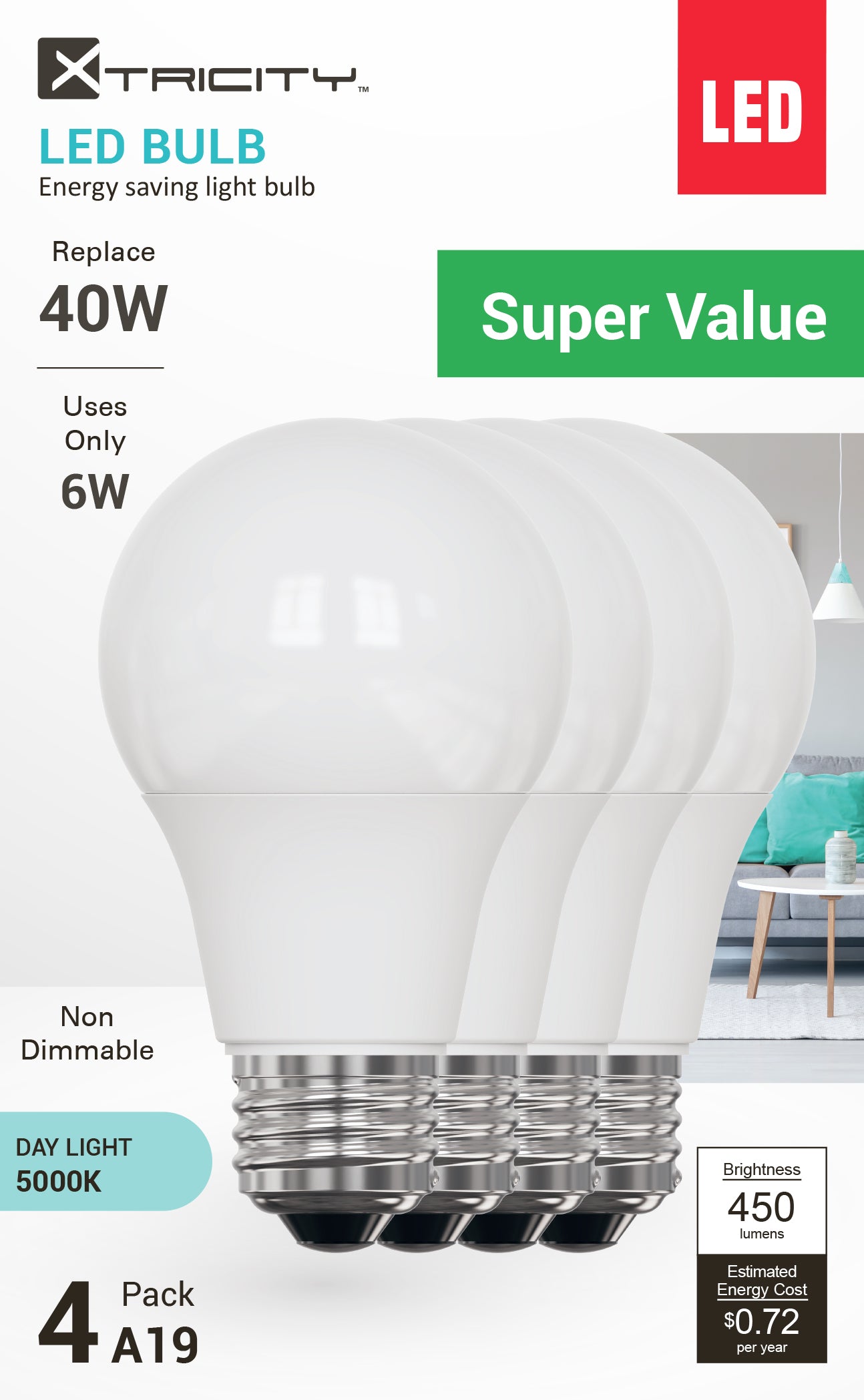LED A19/6W/E26/450L/5000k/Non Dim/4pk