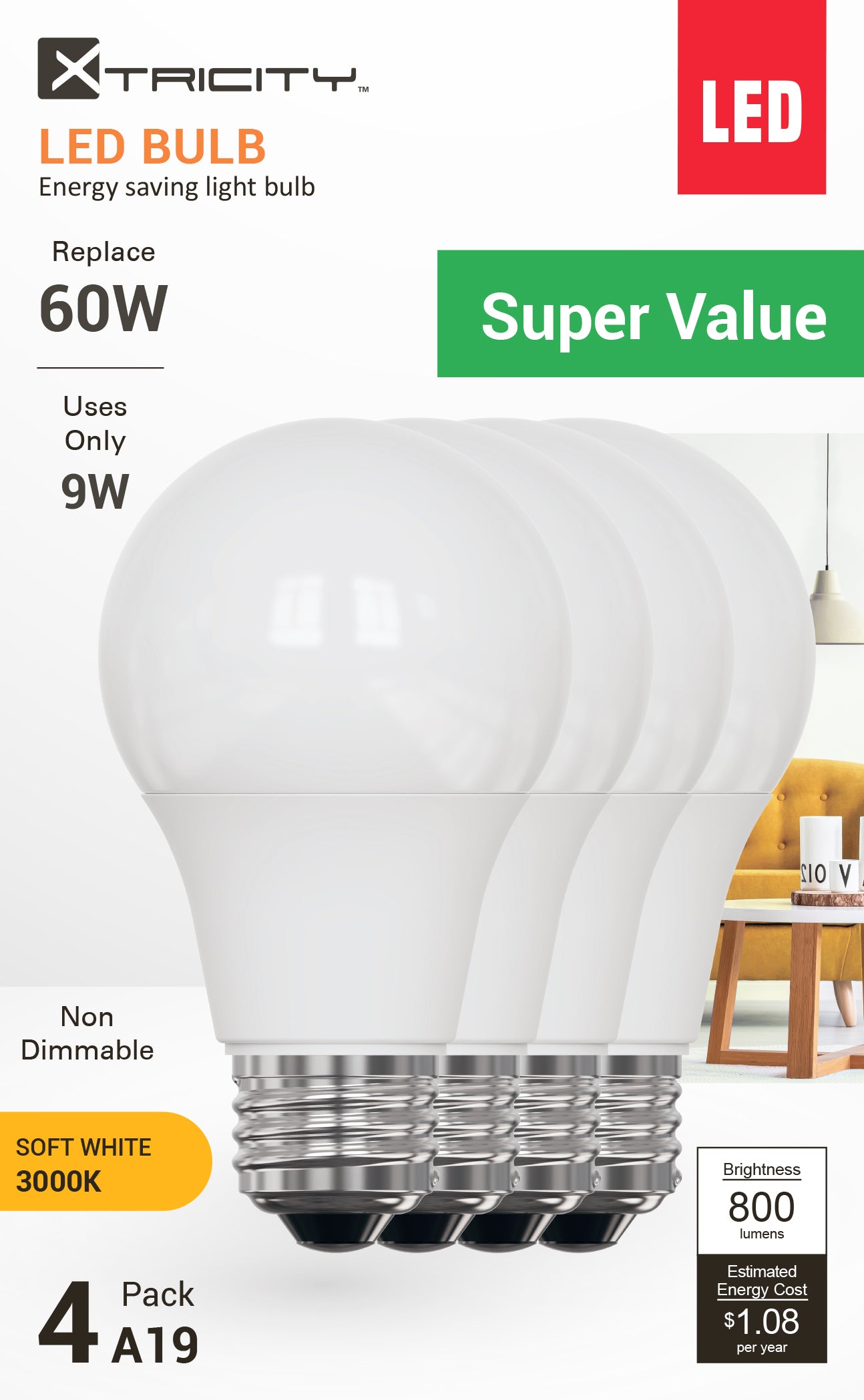 LED A19/9W/E26/800L/3000k/Non Dim/4pk