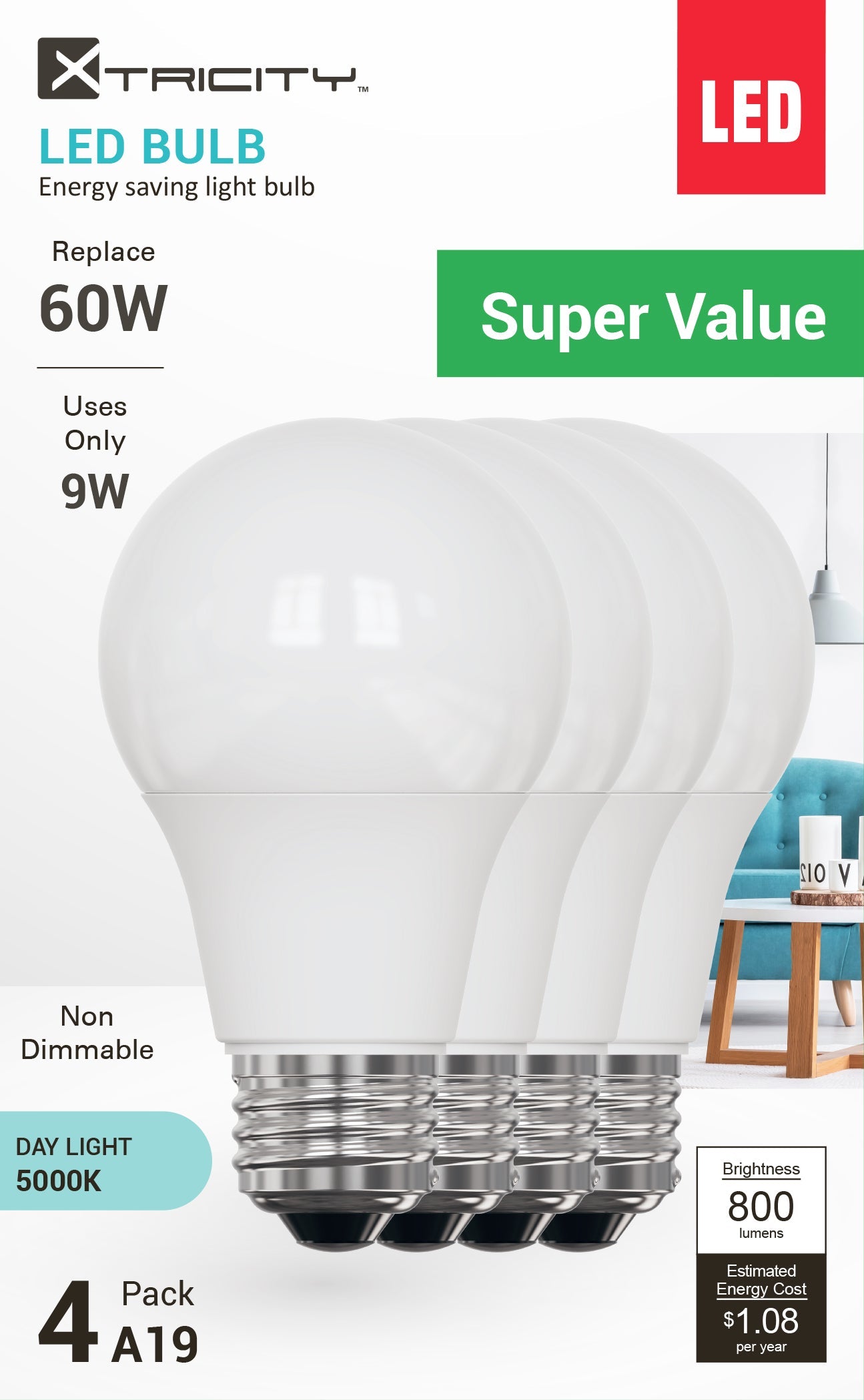 LED A19/9W/E26/800L/5000k/Non Dim/4pk