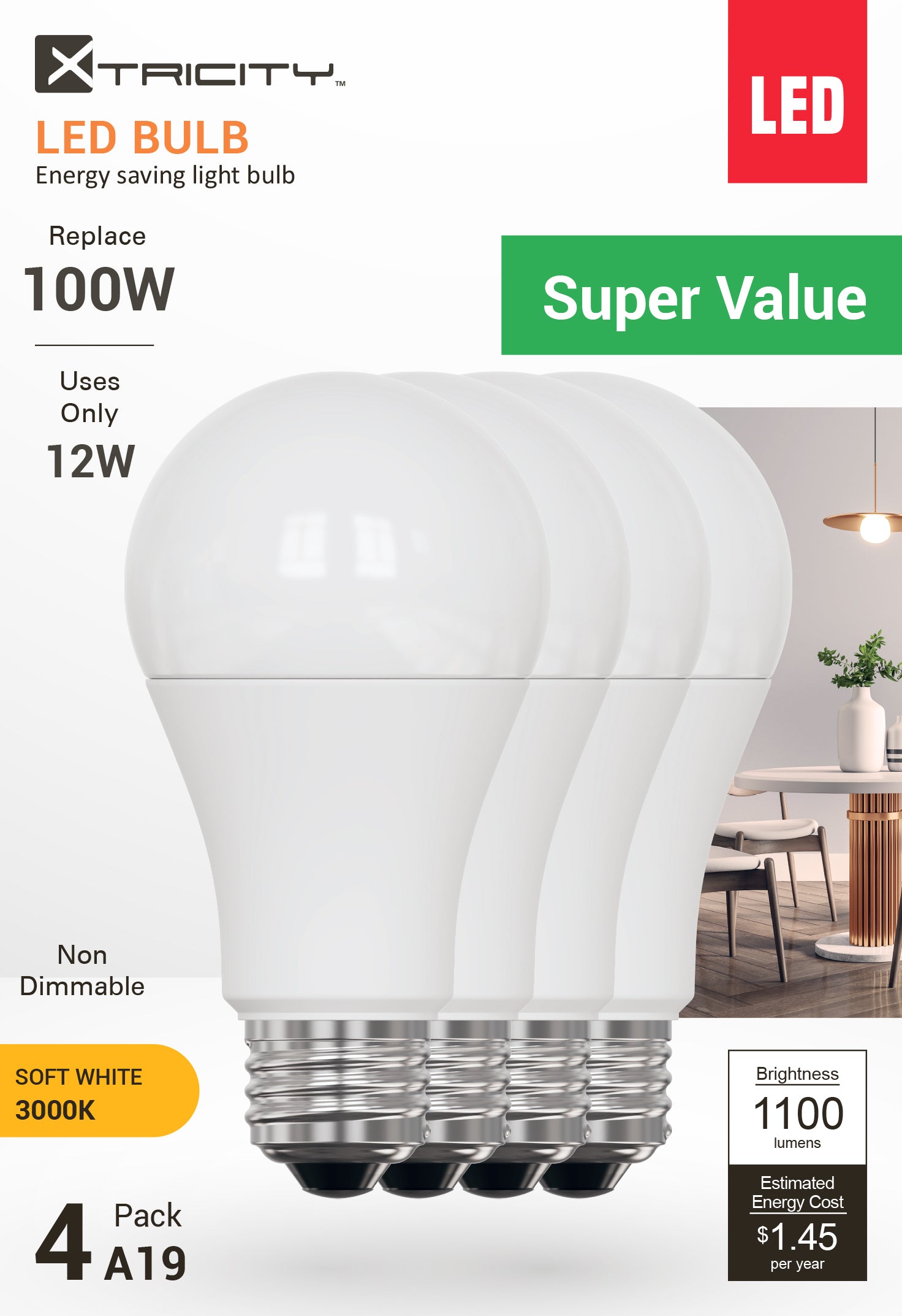 LED A19/12W/E26/1100L/3000k/Non Dim/4pk