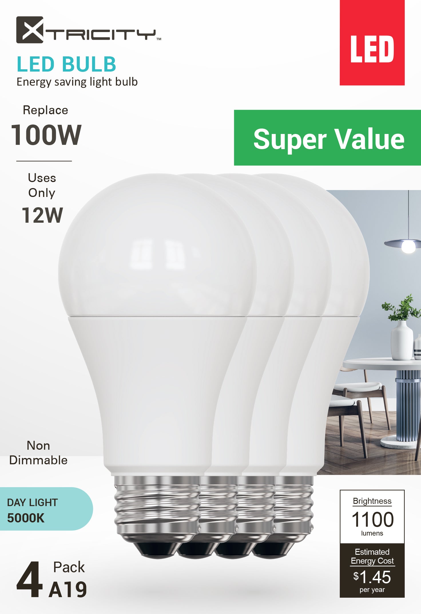 LED A19/12W/E26/1100L/5000k/Non Dim/4pk