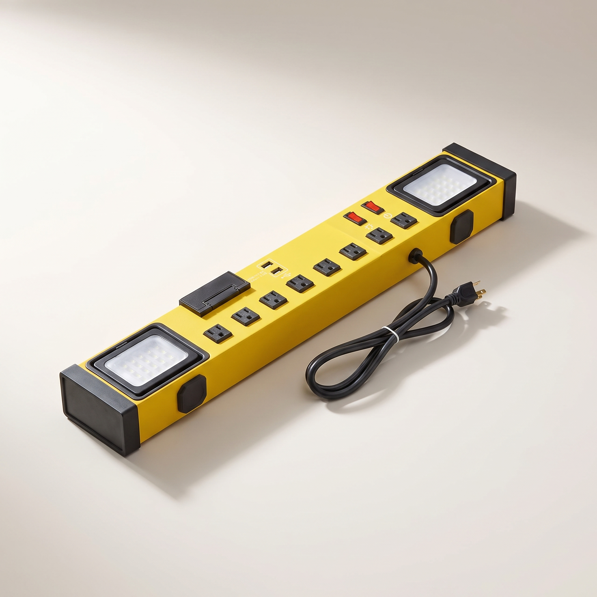 8-Outlet Workshop Power Strip with 2 LED Swivel Lights & 2 USB