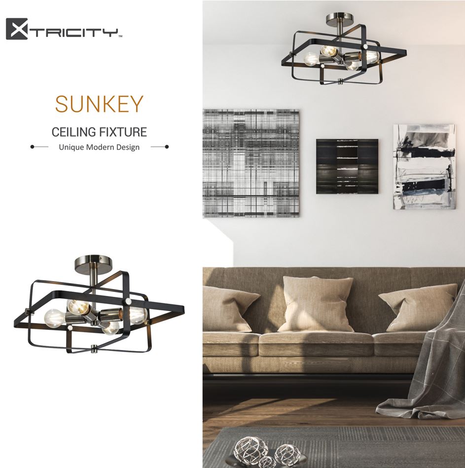 Ceiling fixture 4 lamps black & silver "Sunkey"