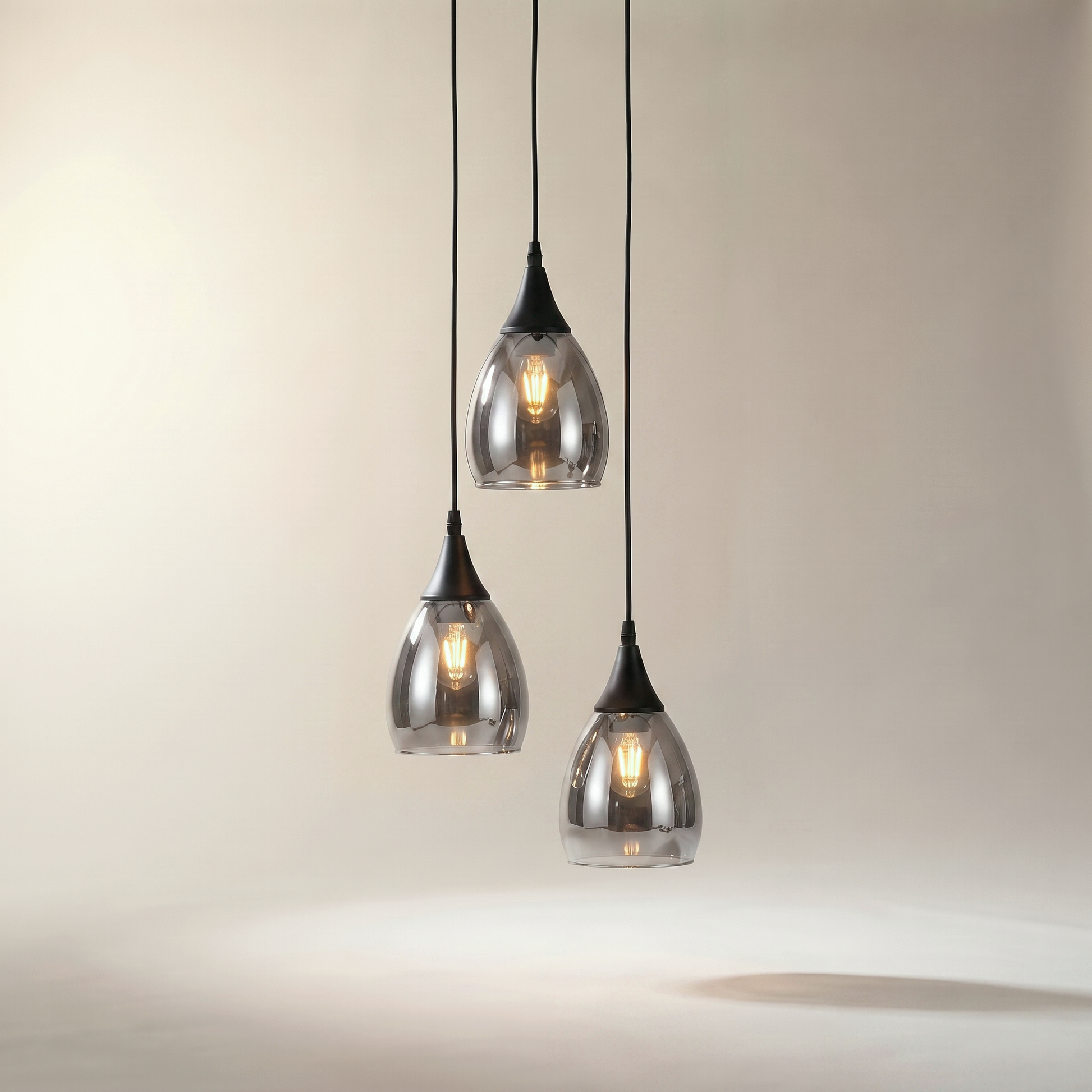 "Repley" 3-Light Pendant — Black Finish with Smoked Glass