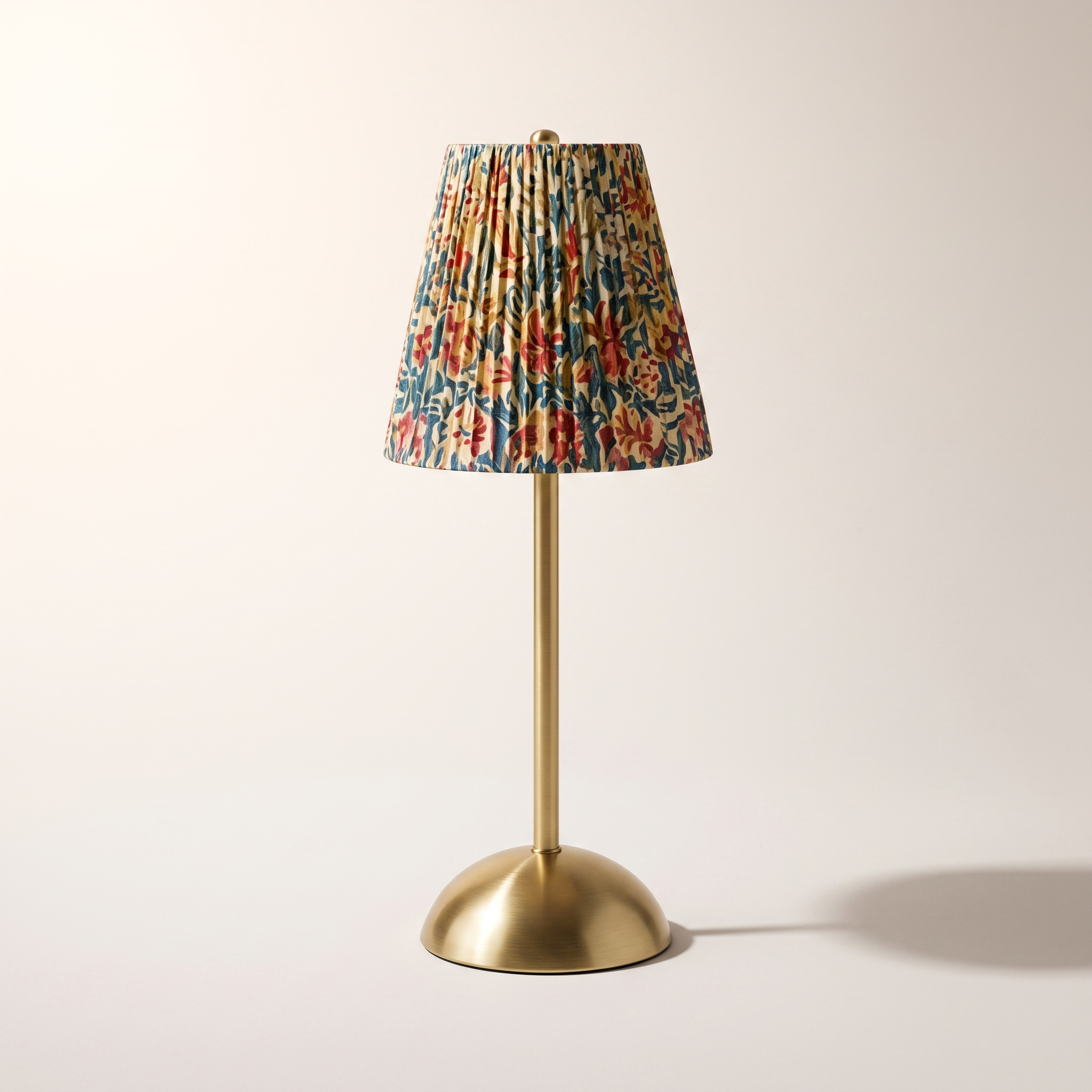 Roccabella USB Rechargeable LED Touch Table Lamp — Multi-Floral Pleated Shade & Gold, Cordless, Dimmable 3-Colour