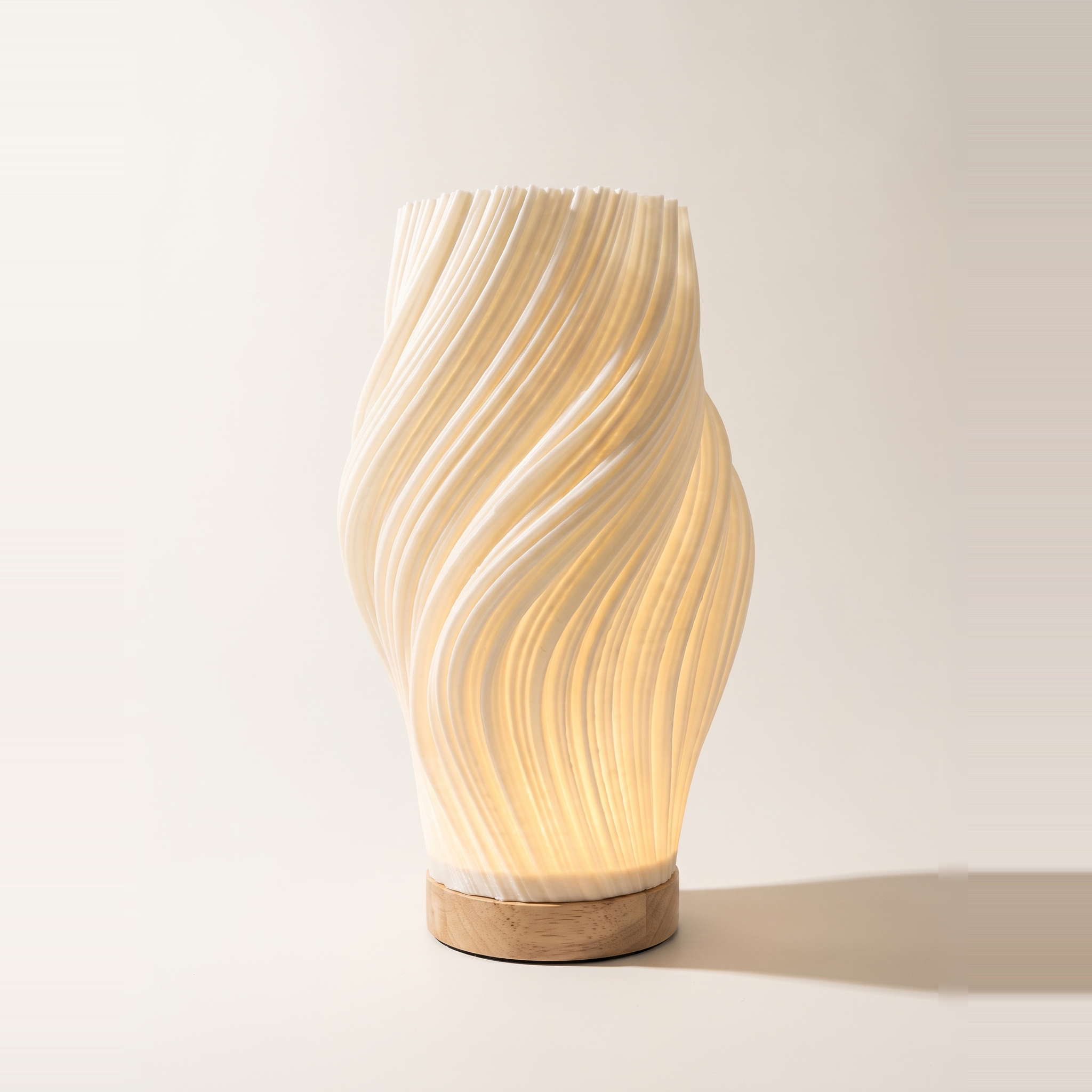 Fractal Curved Wave 3D-Printed USB Rechargeable LED Touch Night Light - Wooden Base