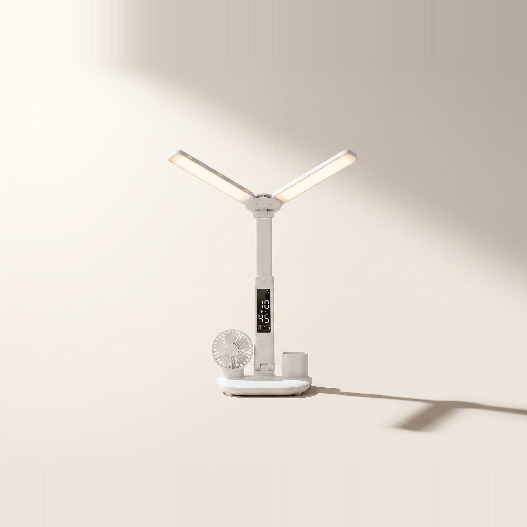 Foldable USB Rechargeable LED Desk Lamp with Fan, Digital Clock & Alarm — Phone Stand & Pen Holder, White