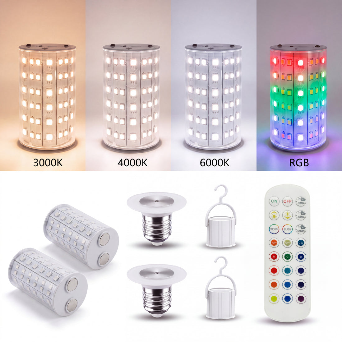 3 CCT | 3000K / 4000K / 6000K + Options de couleurs RGB