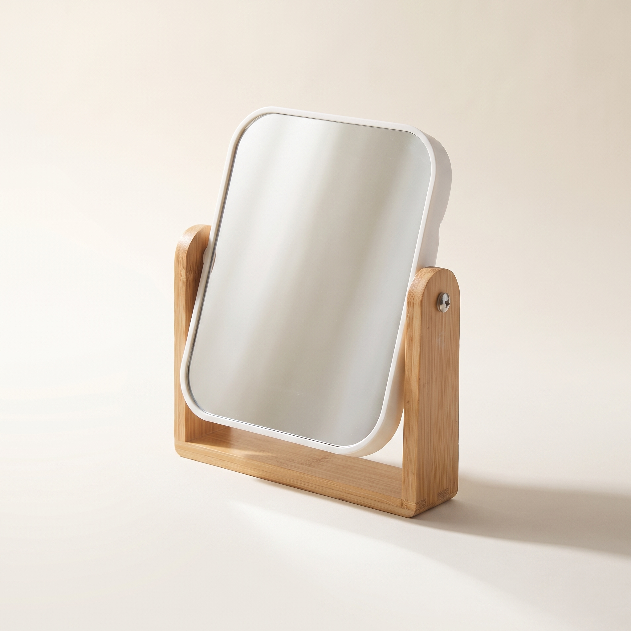 Miroir de courtoisie double face JS Maison avec support en bambou — Blanc, grossissement 1x / 3x