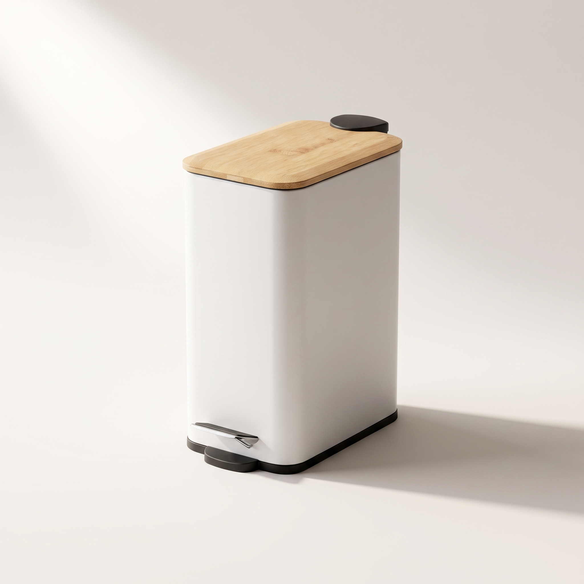 Poubelle à pédale 5 L rectangulaire à fermeture douce avec couvercle en bambou — Blanc mat