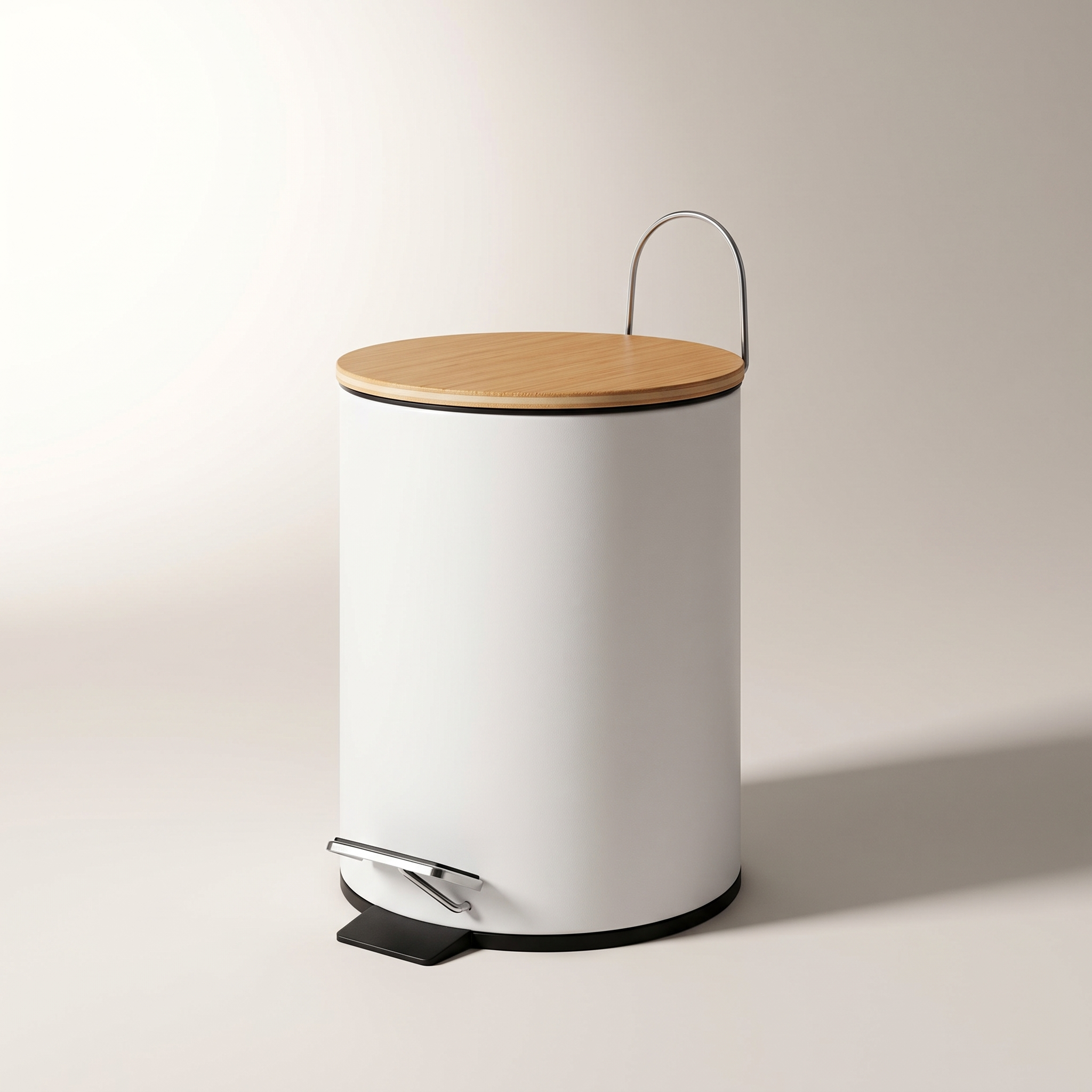 JS Maison 5L Matte White Pedal Bin with Slim Bamboo Lid