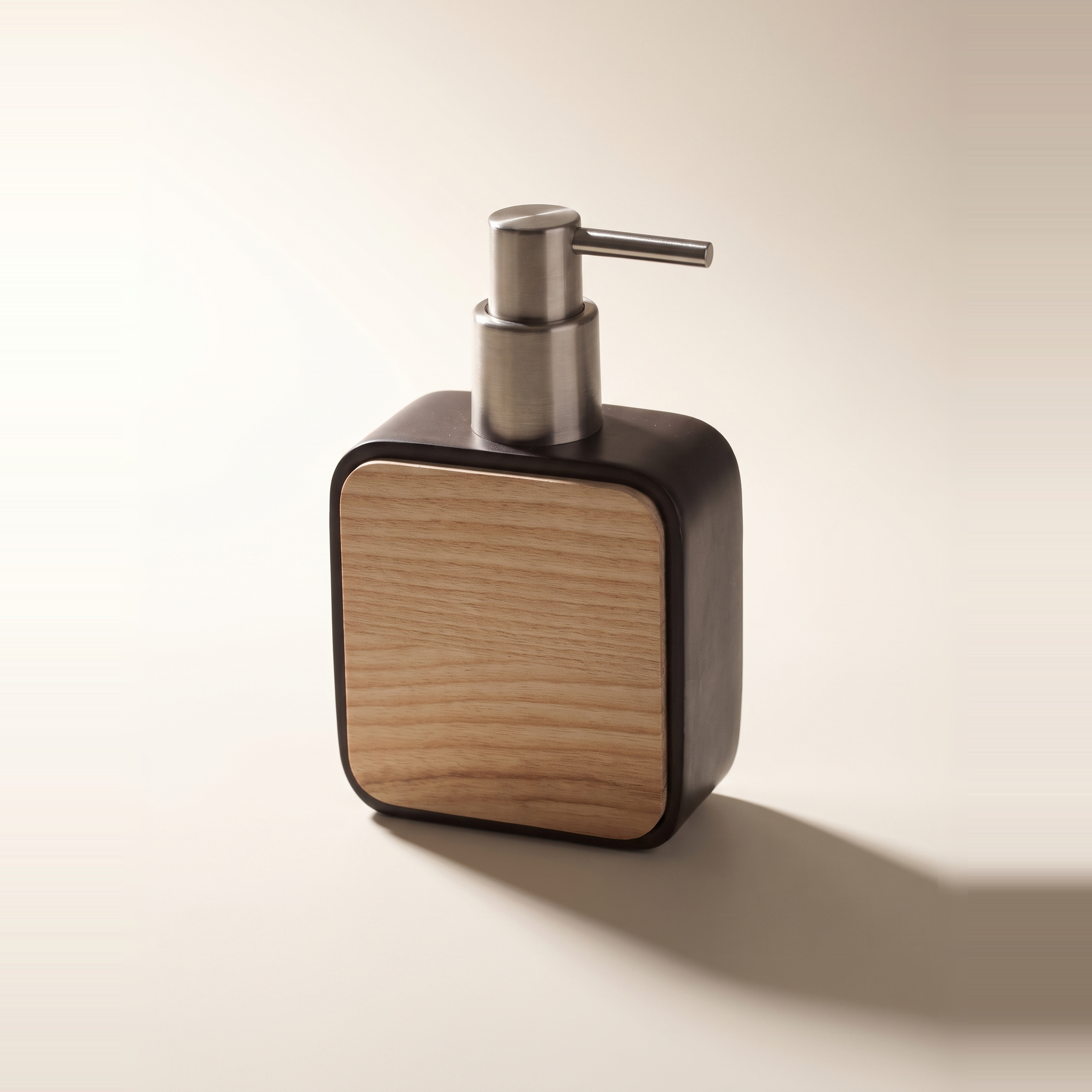 Distributeur de savon en polyrésine avec touche de bois d'hévéa