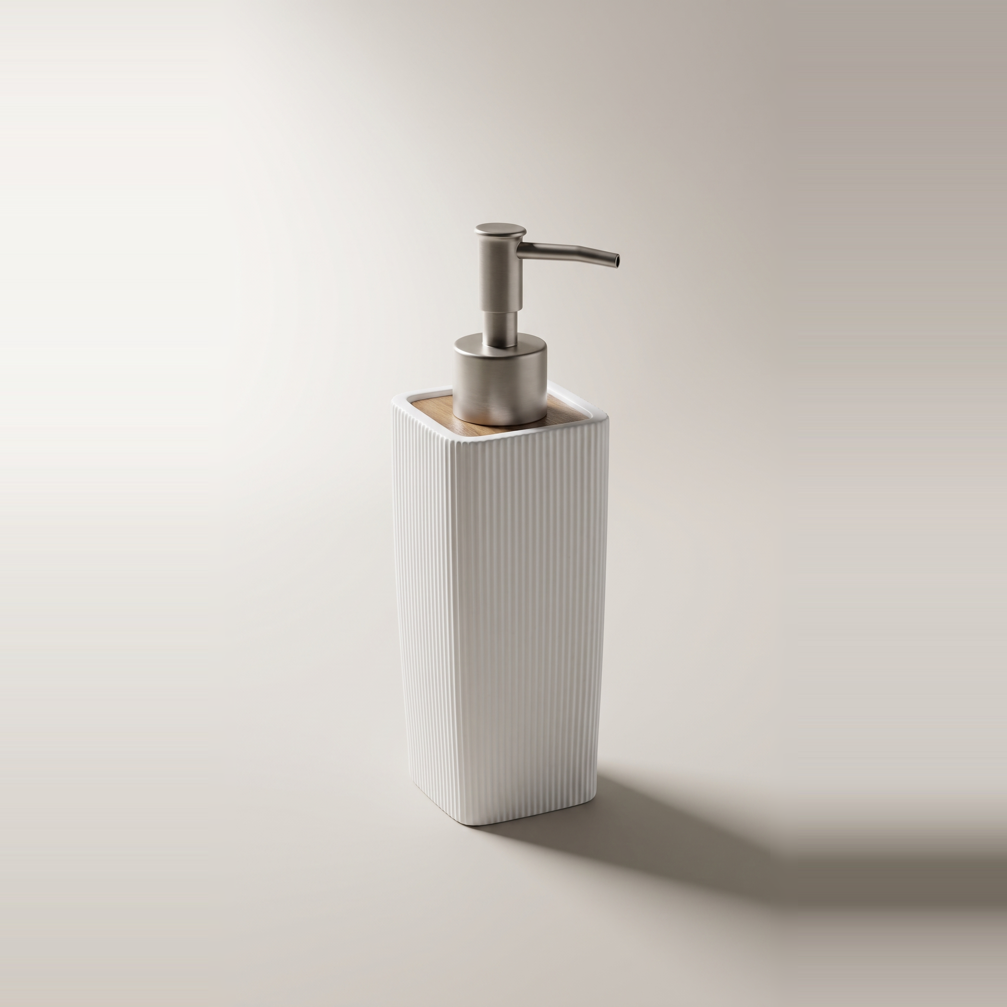 Distributeur de savon en polyrésine pierre blanche avec bois d'acacia