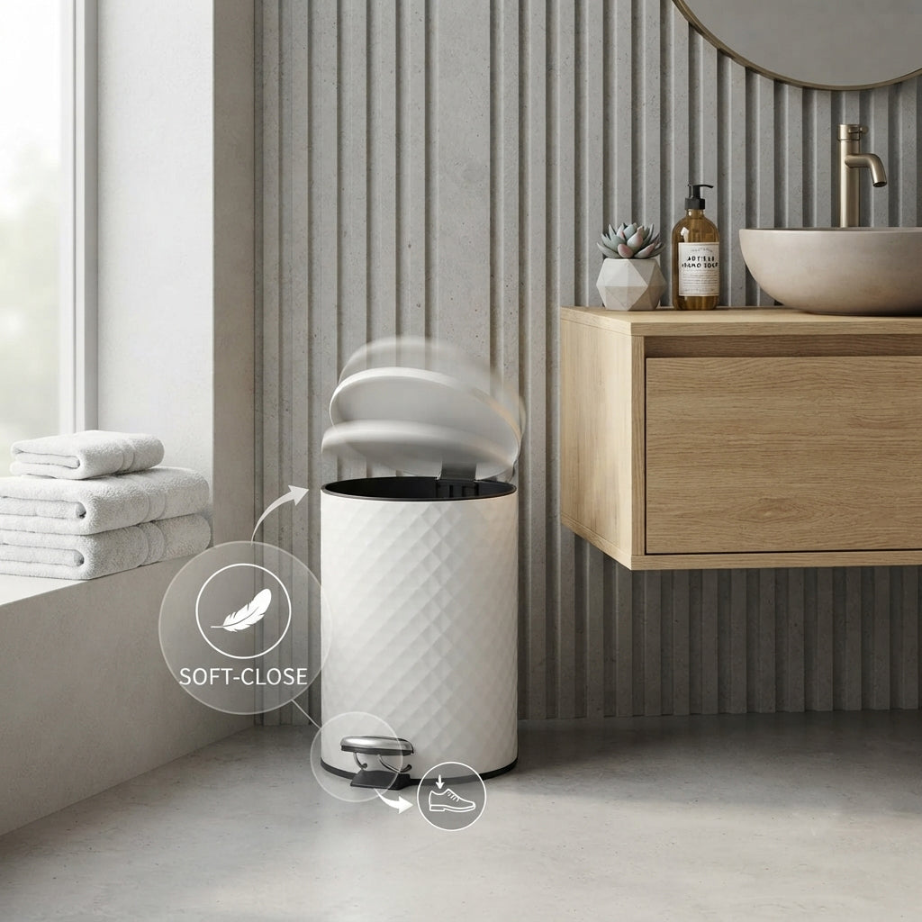JS Maison 12L Matte White Pedal Bin with Embossed Diamond Design