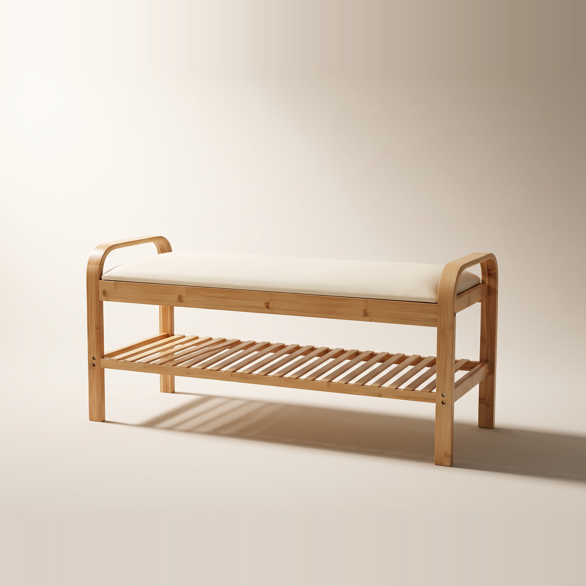 Bamboo Bench with Fabric Top and Shoe Storage Shelf, White