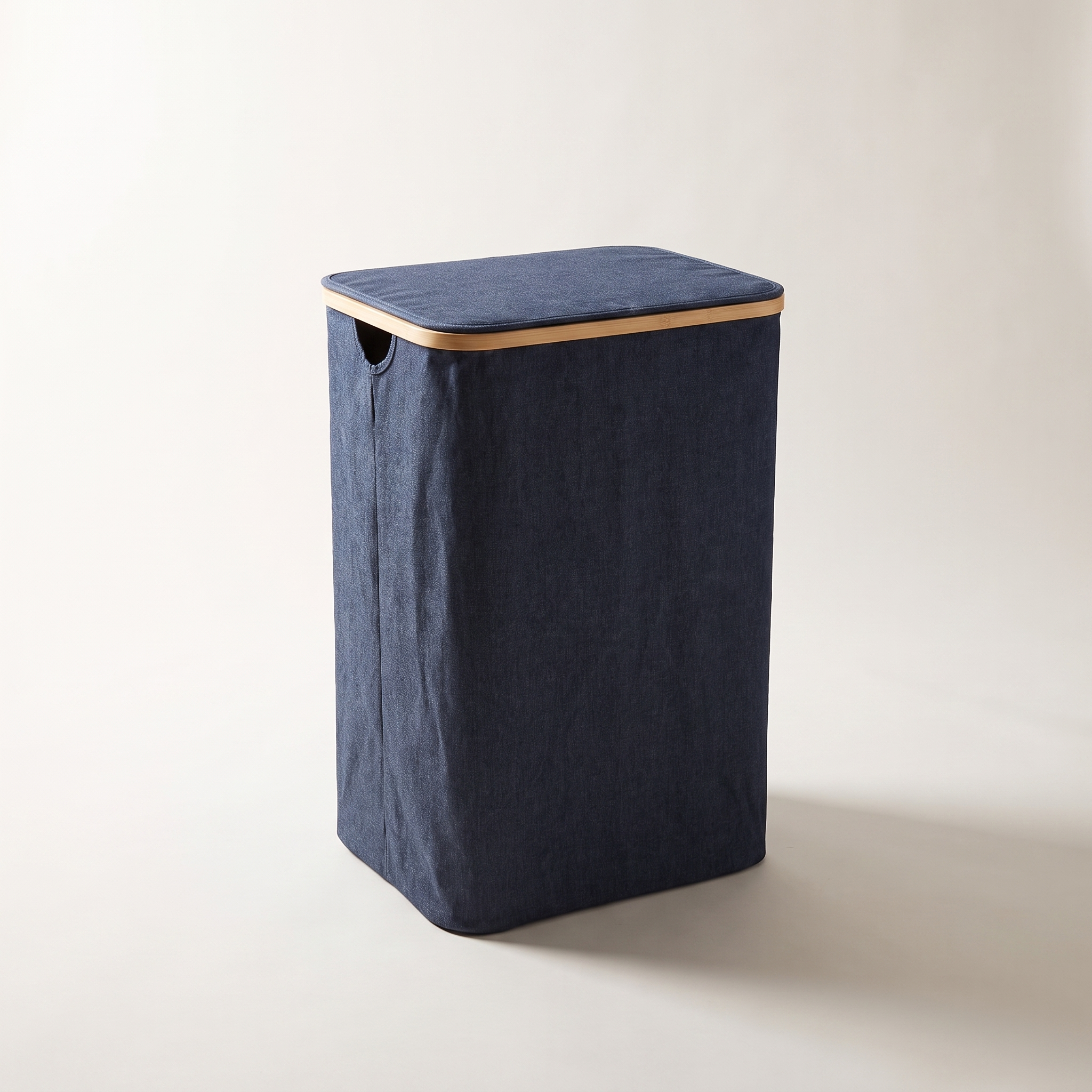Panier à linge en bambou et tissu avec sac intérieur et couvercle, bleu jean