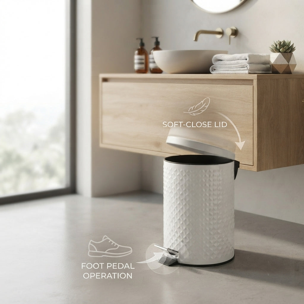 5L Embossed Vintage Pedal Bin with Soft Close — Matte White