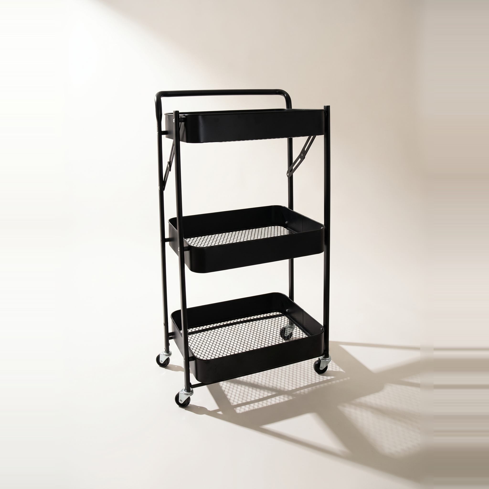 Chariot de rangement pliable à 3 niveaux avec poignée et paniers en maille