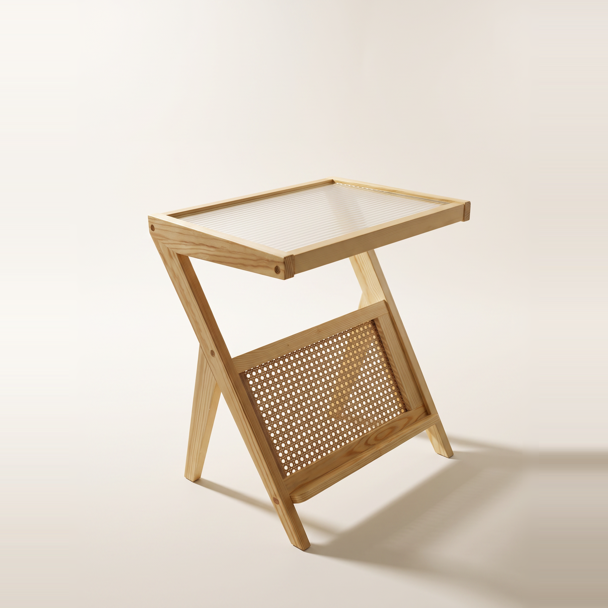 Wood and Rattan Side Table with Glass Top