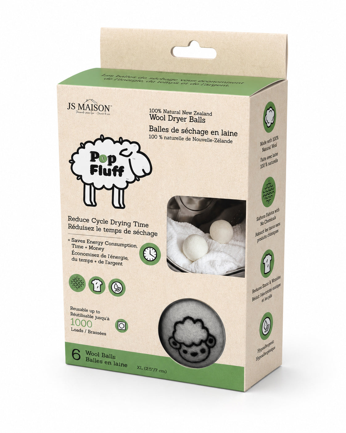 100% Natural Wool Dryer Balls — Light Grey, 6-Pack packaging