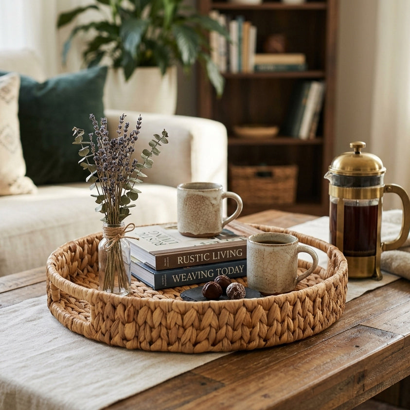 Water Hyacinth Storage and Serving Tray with Handles — 38 x 38 x 6 cm