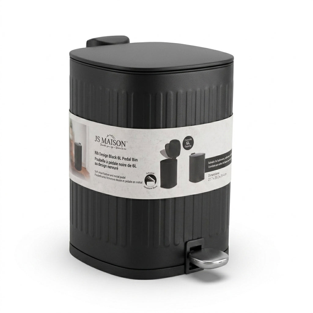 6L Ribbed Soft-Close Pedal Bin — Matte Black packaging