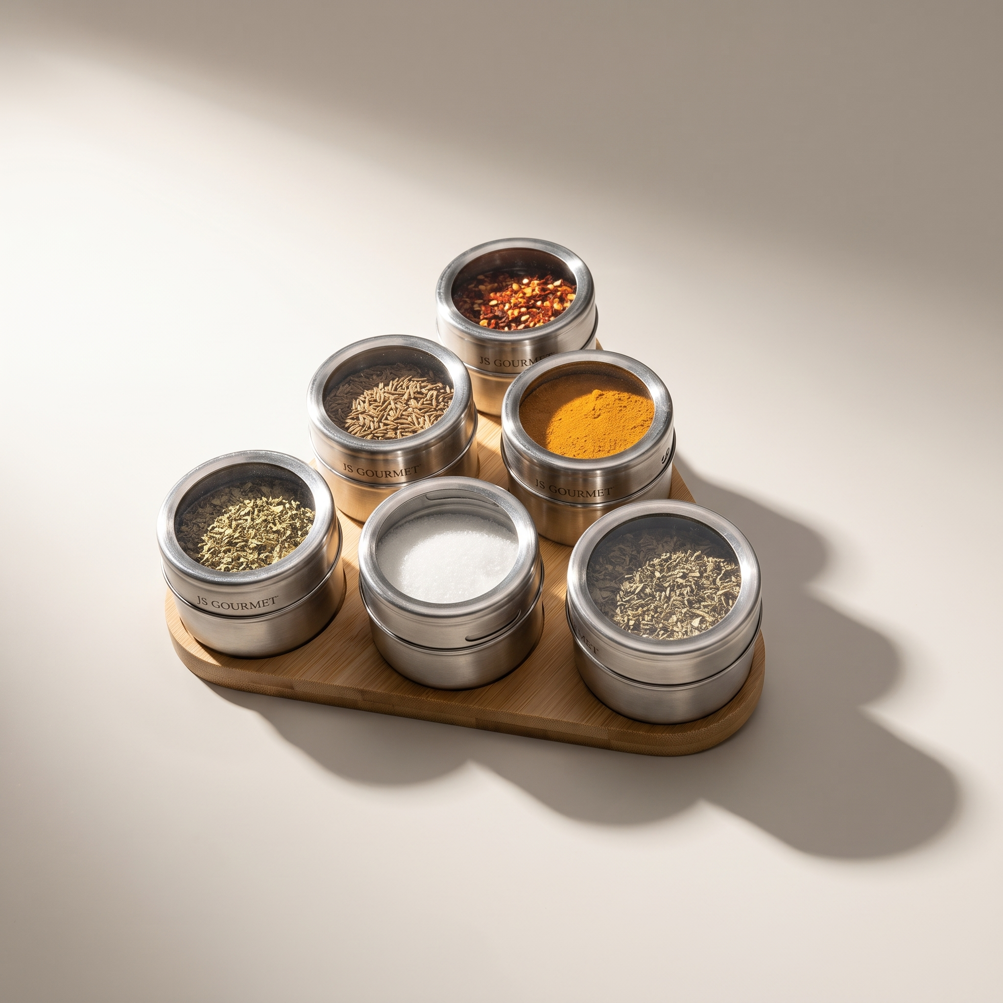 Ensemble de 6 pots à épices magnétiques avec plateau triangulaire en bambou