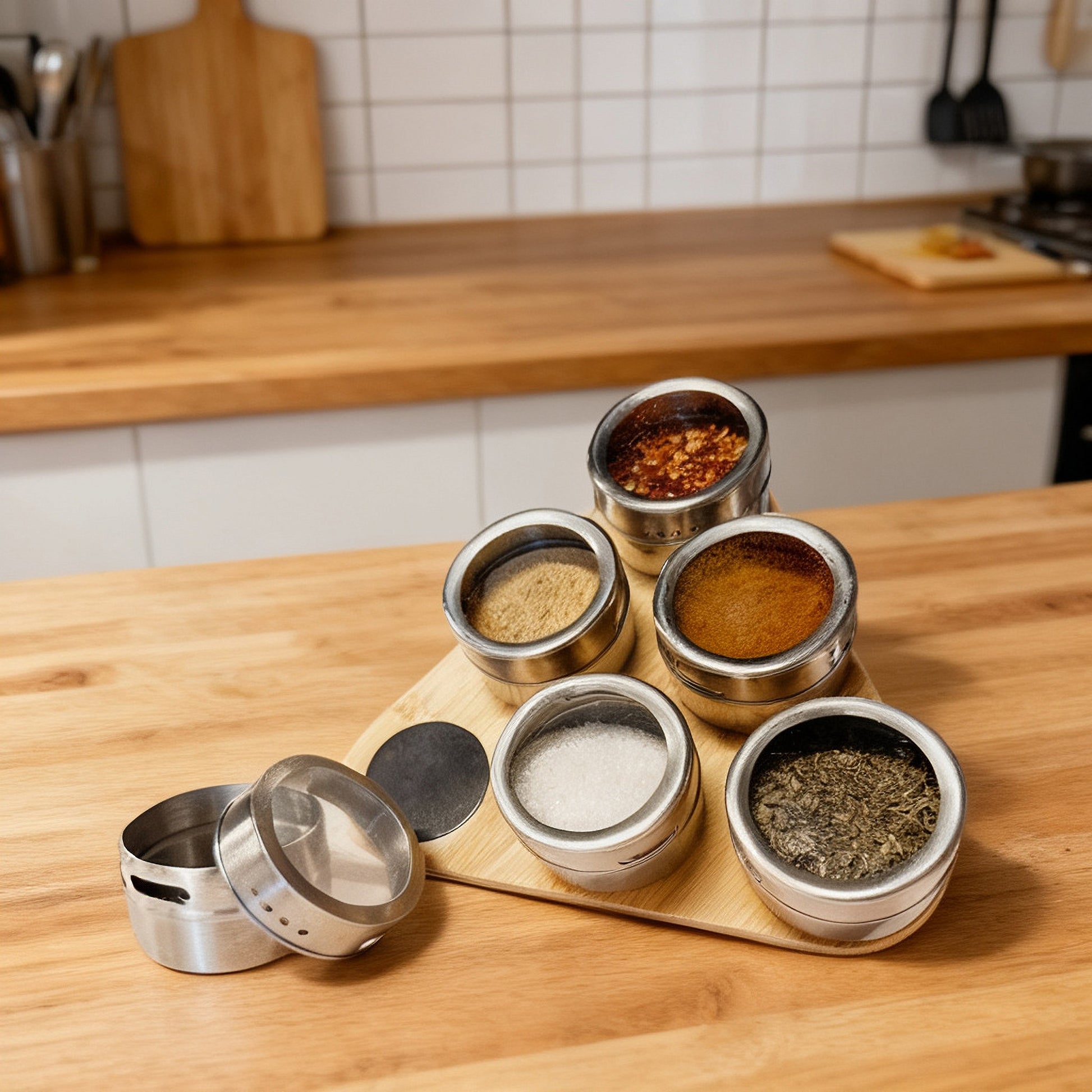 6-Piece Magnetic Spice Canister Set with Triangular Bamboo Tray