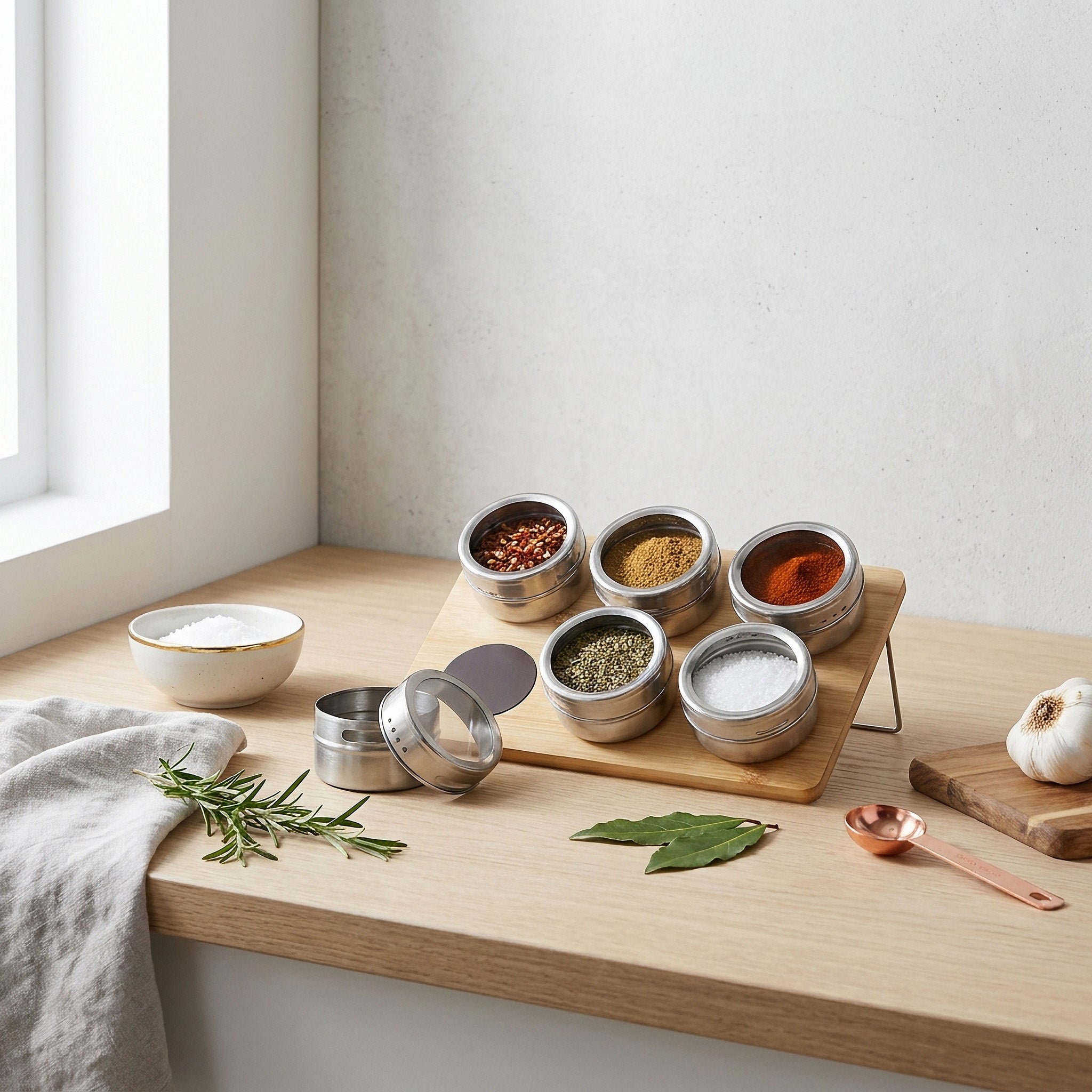 6-Piece Spice Canister Set with Magnetic Bamboo Tray (Rectangular)
