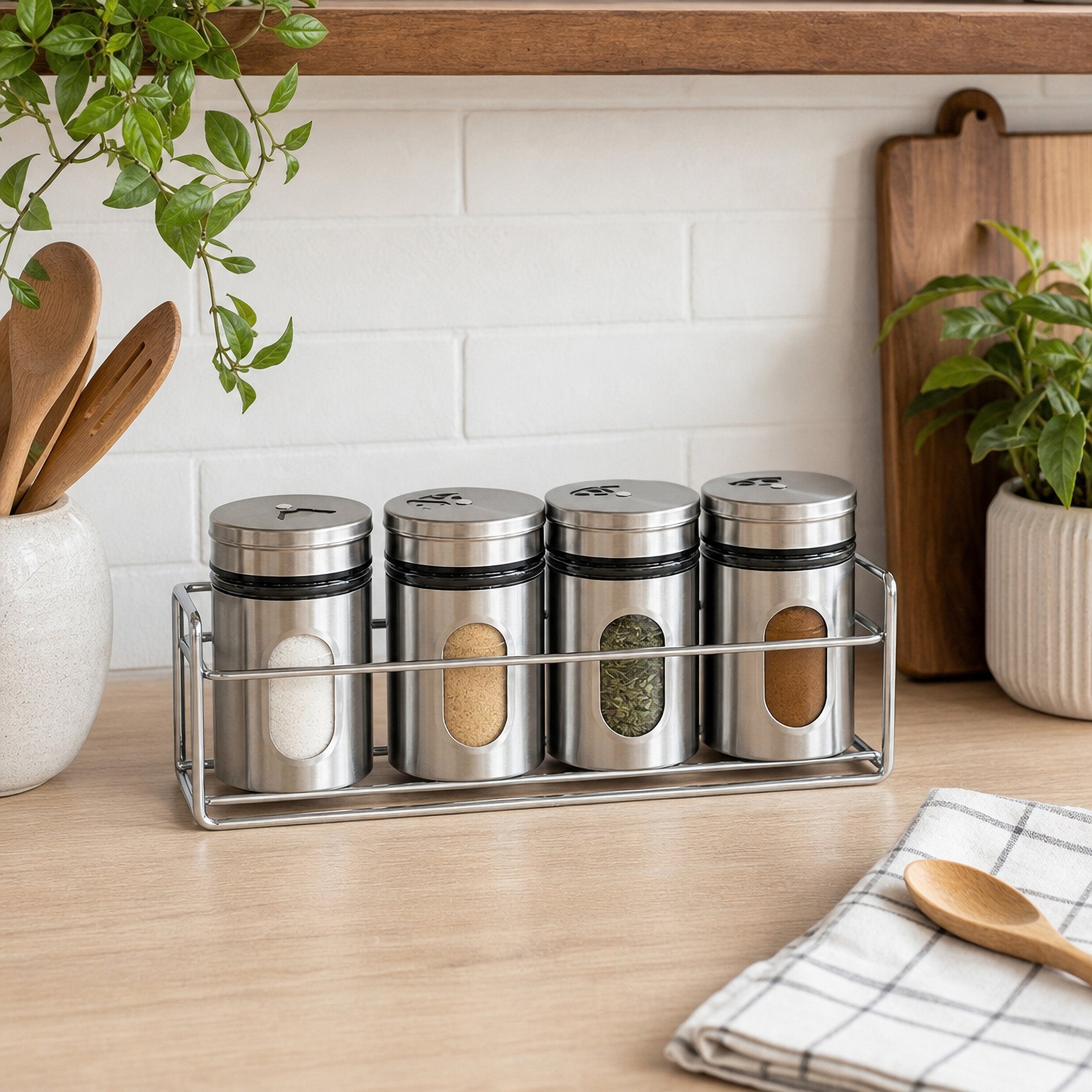 5-Piece Metal Canister Set with Tray (4 Canisters + Tray)