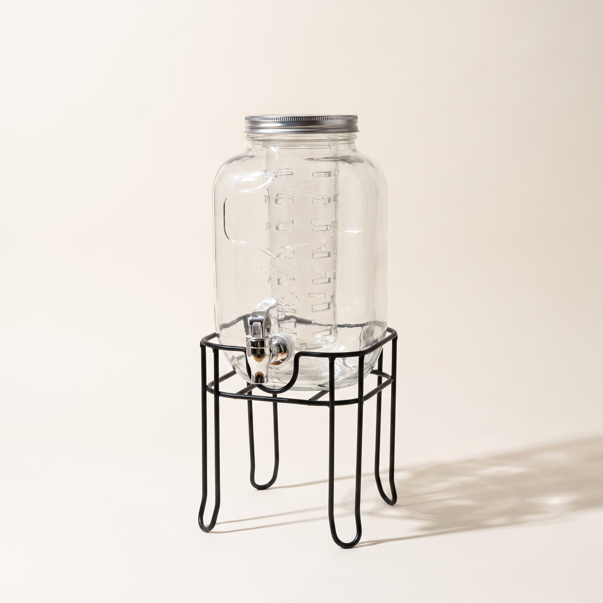Distributeur de boissons en verre 4L avec diffuseur intégré et support en métal