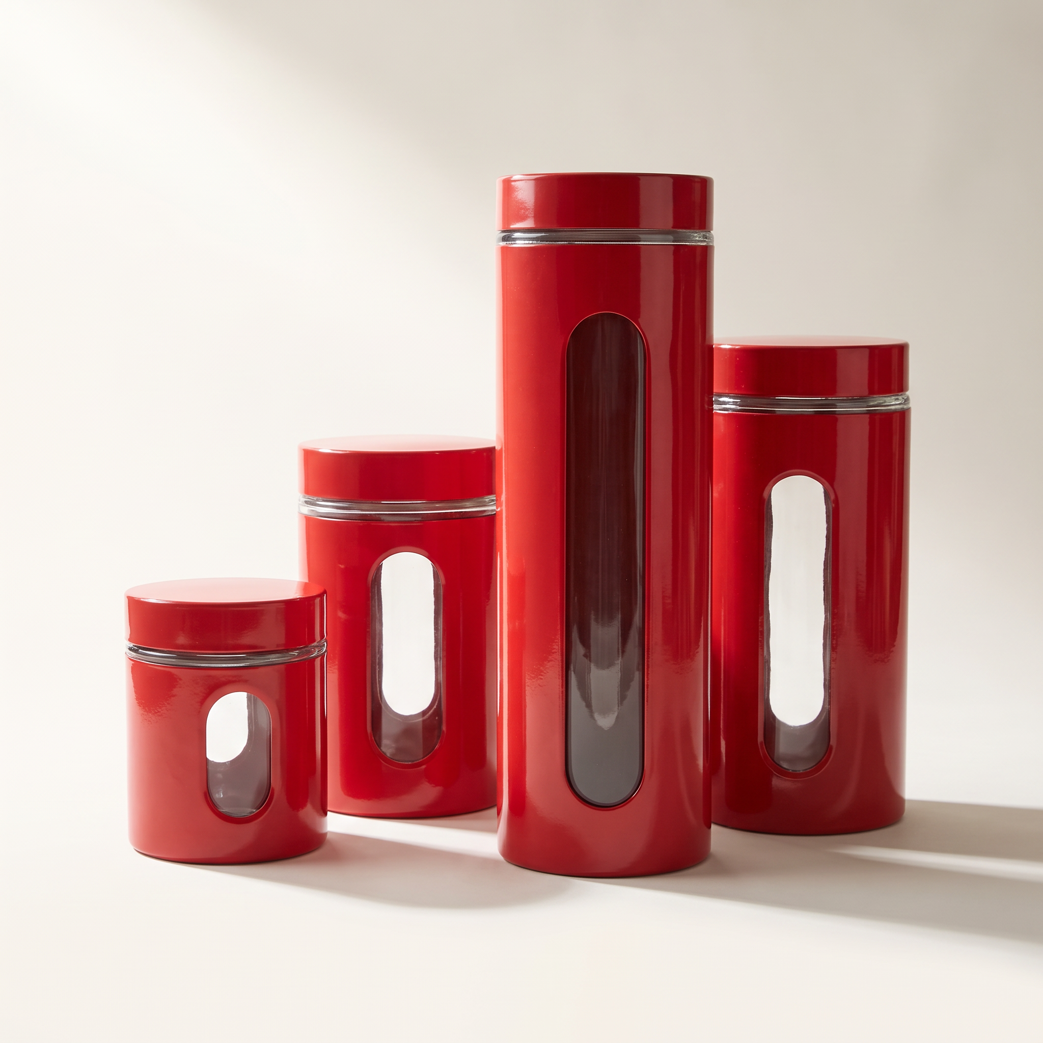 Lot de 4 boîtes de conservation JS Gourmet en acier inoxydable avec fenêtre en verre — Rouge