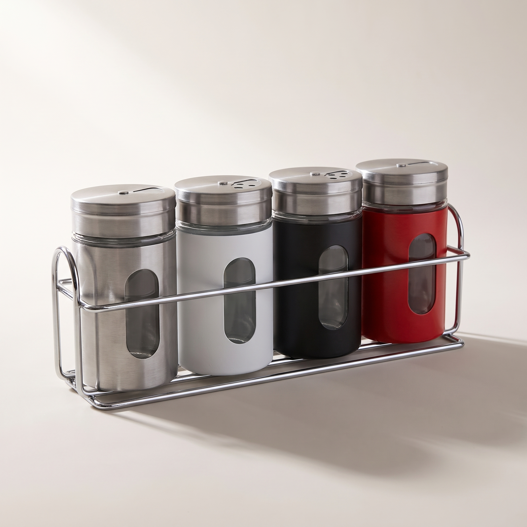 5-Piece Metal Canister Set with Tray — Assorted Colours (4 Canisters + Tray)