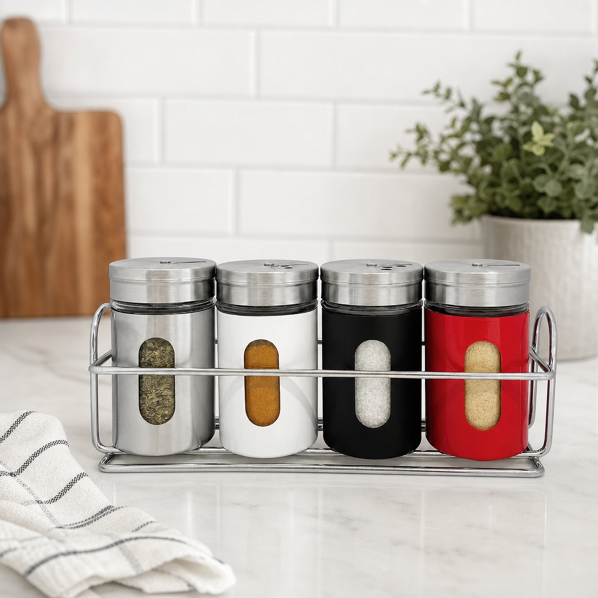 5-Piece Metal Canister Set with Tray — Assorted Colours (4 Canisters + Tray)