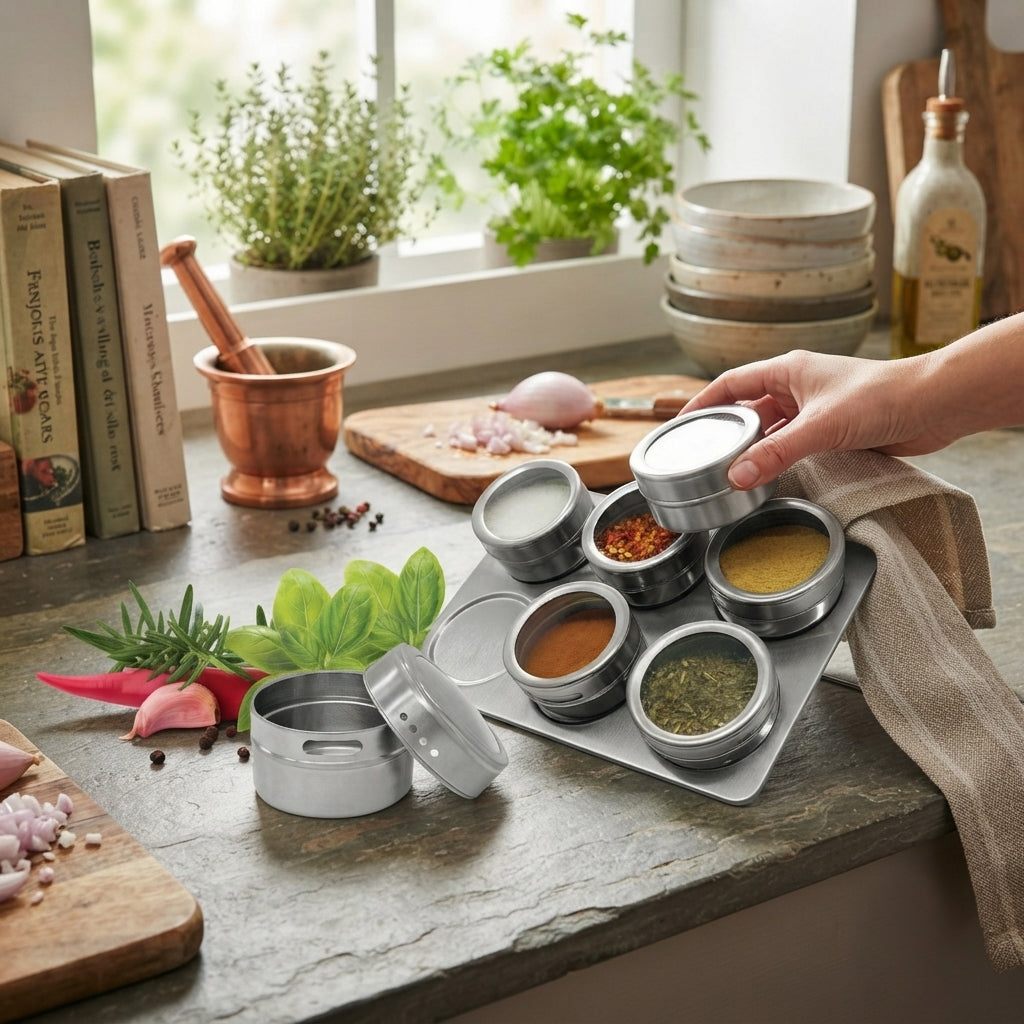 6-Piece Magnetic Spice Canister Set with Metal Tray