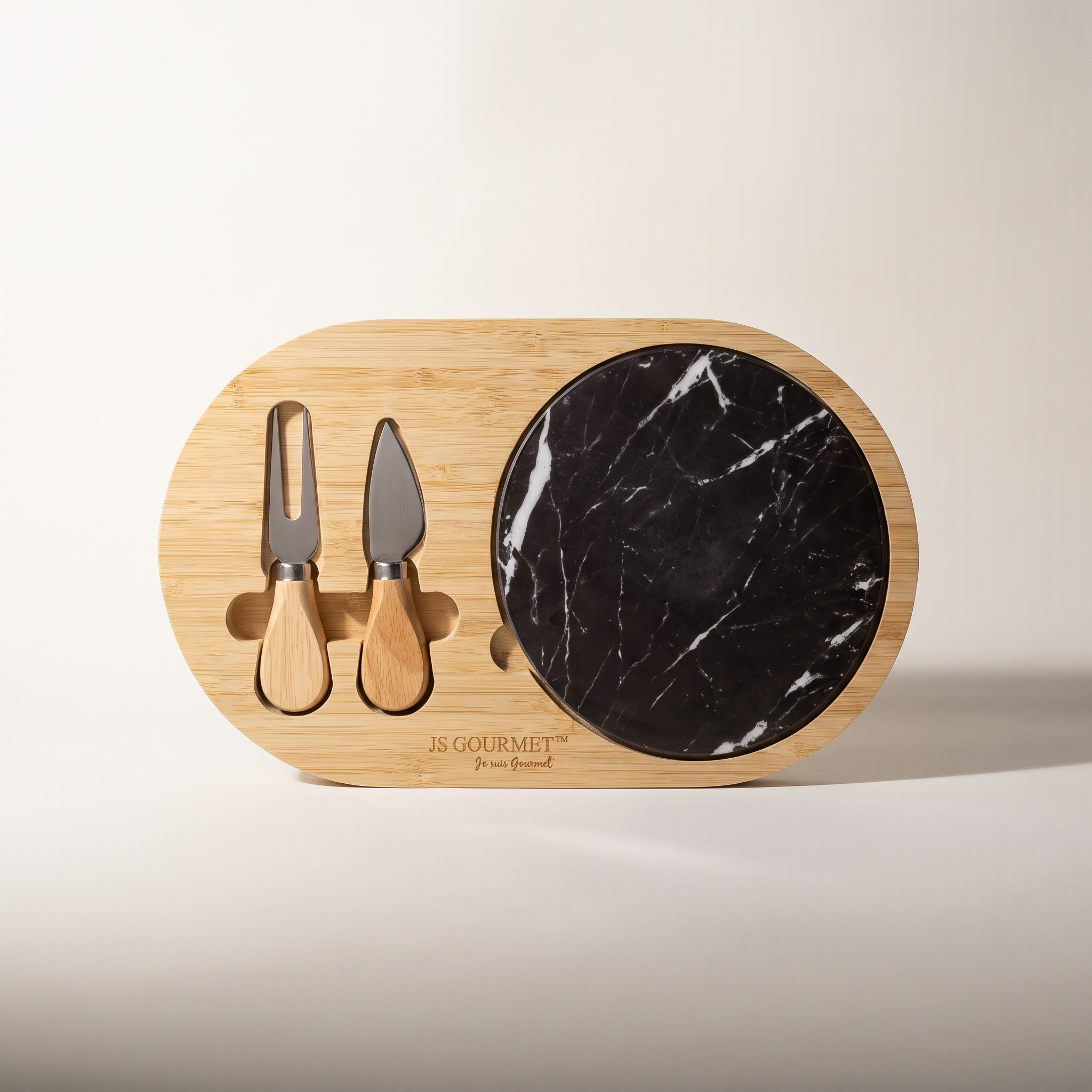 Planche de service en bambou et marbre avec 2 couteaux à fromage