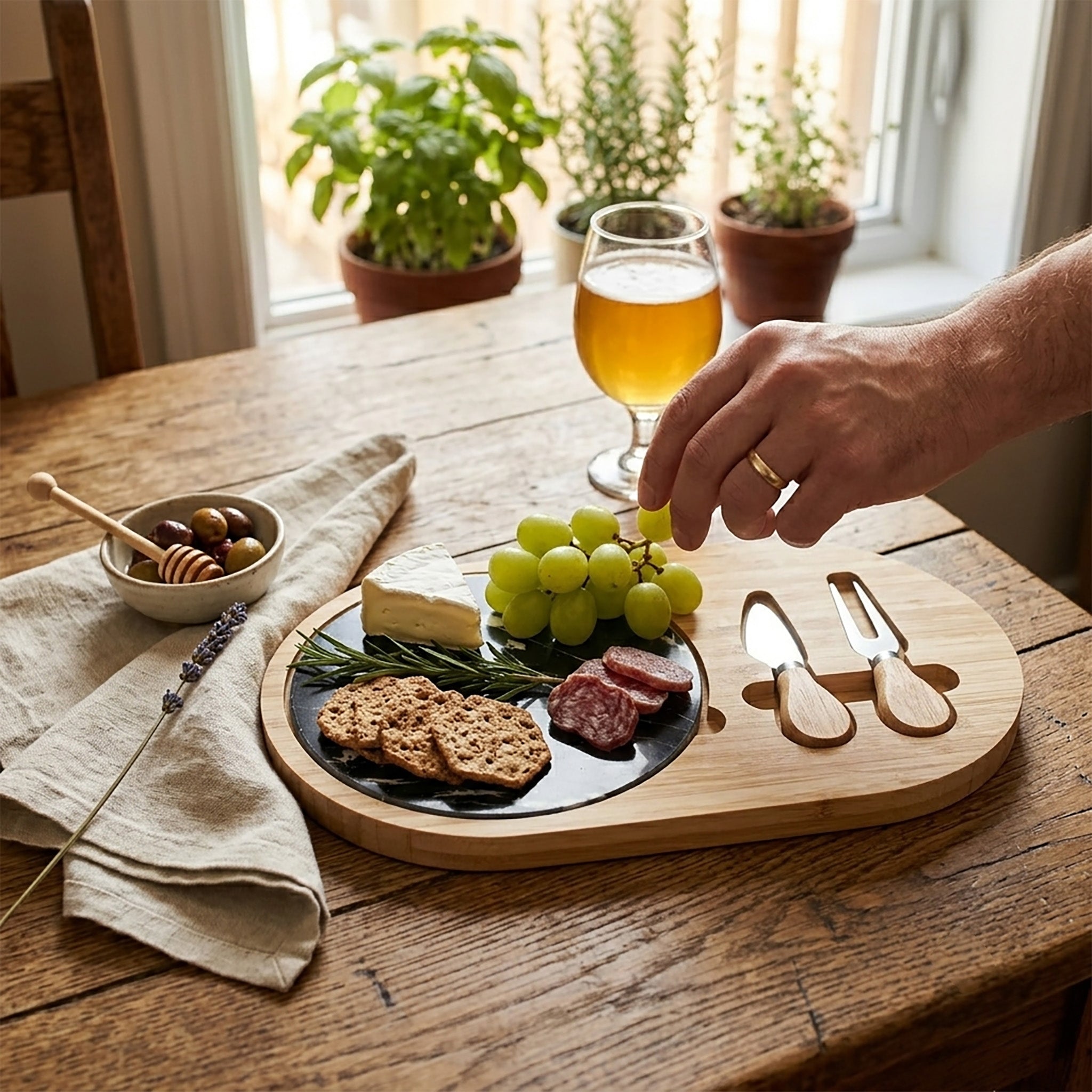 Bamboo and Marble Serving Board with 2 Cheese Knives