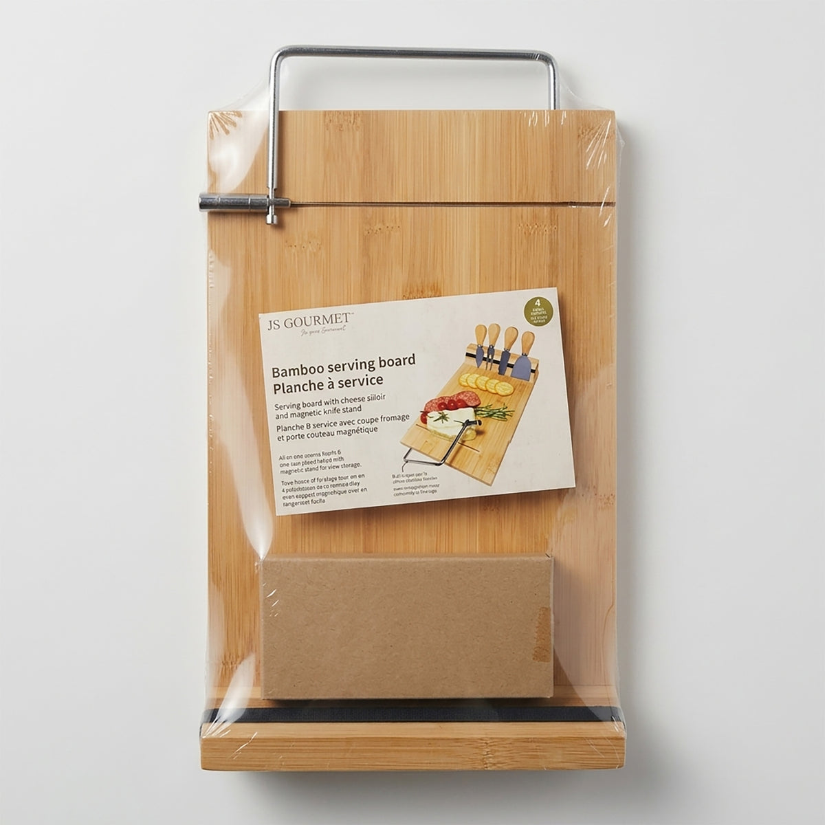 Bamboo Serving Board with Built-In Cheese Slicer and 4 Tools packaging