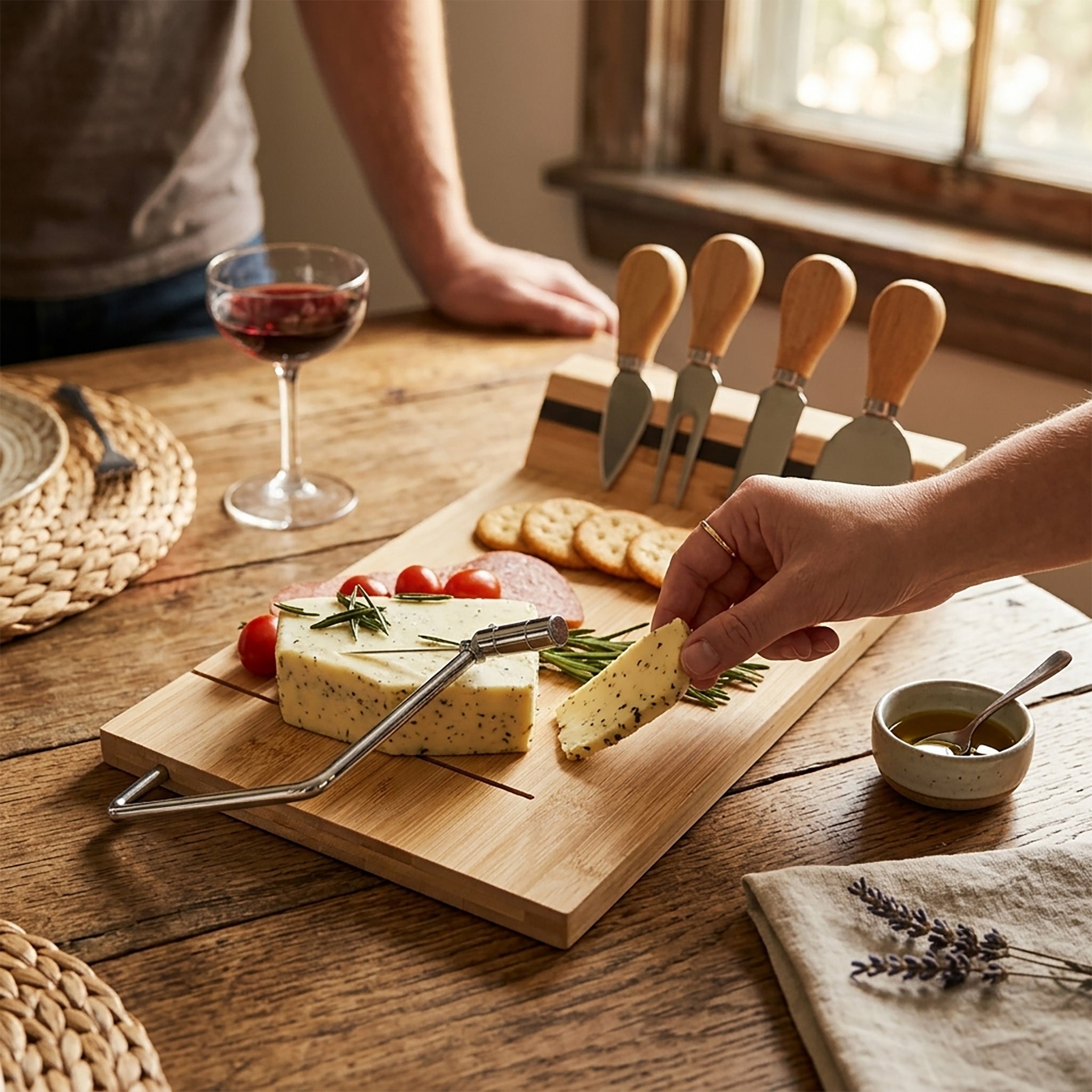 Bamboo Serving Board with Built-In Cheese Slicer and 4 Tools