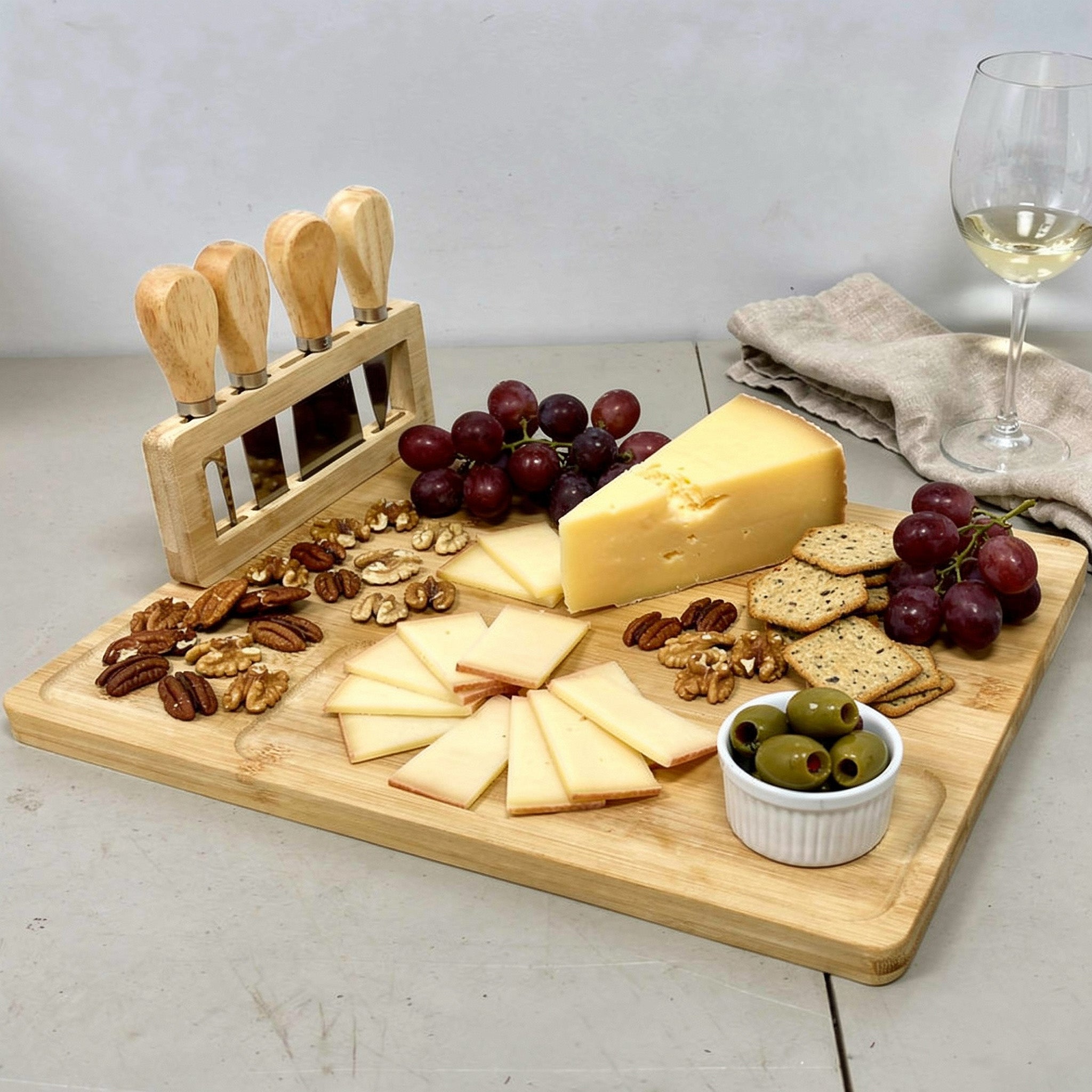 Bamboo Cheese Serving Platter with 4 Cheese Tools and Tool Holder