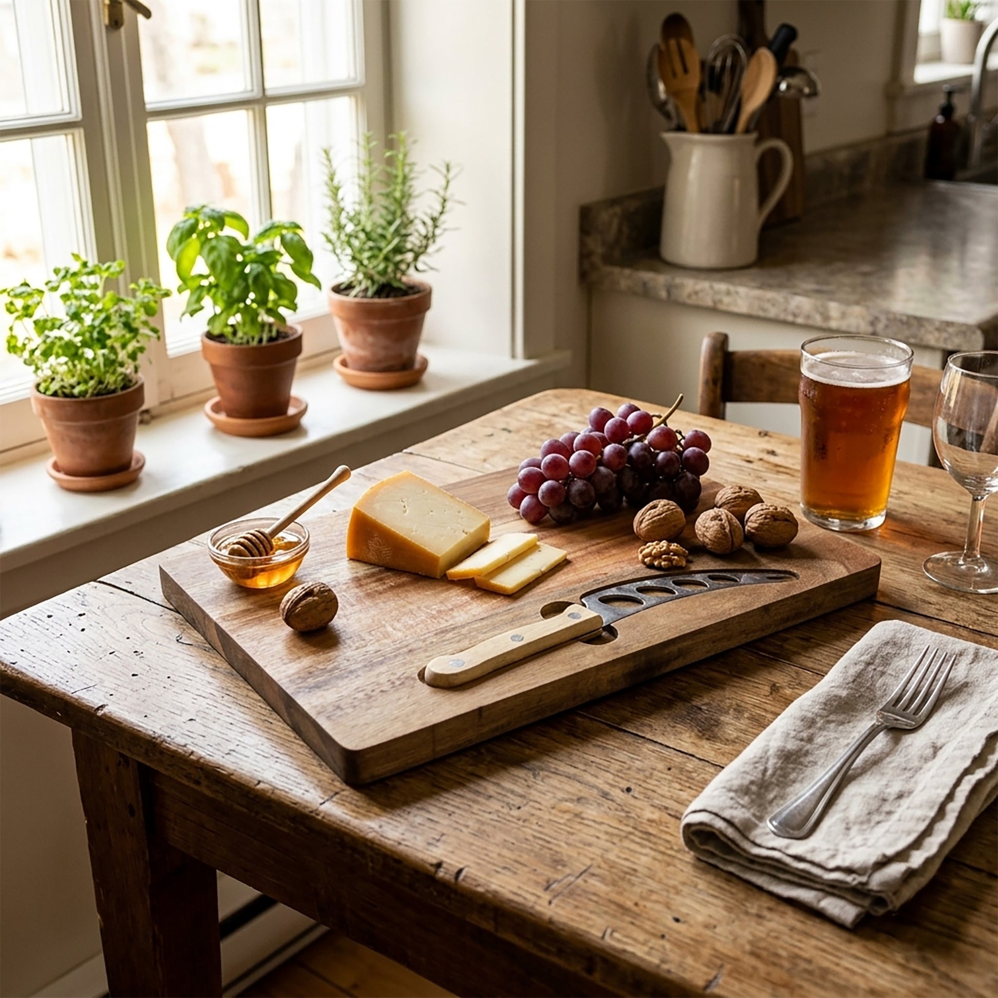 Acacia wood cheese board with knife groove