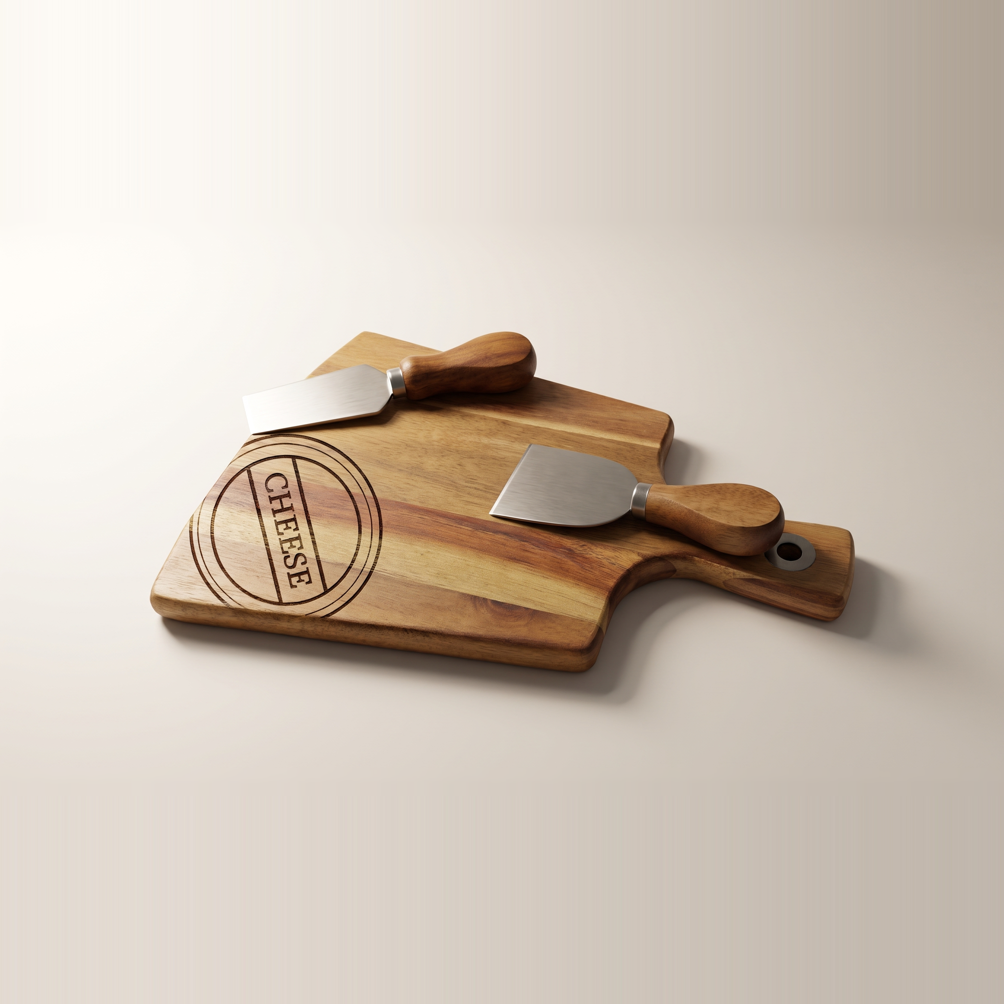 Planche à fromage en bois d'acacia avec 2 couteaux à fromage