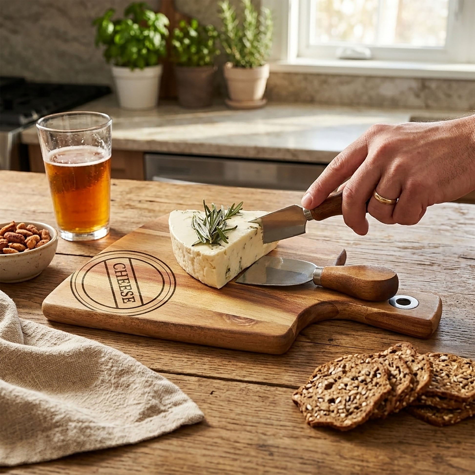 Acacia Wood Paddle Cheese Board with 2 Cheese Knives