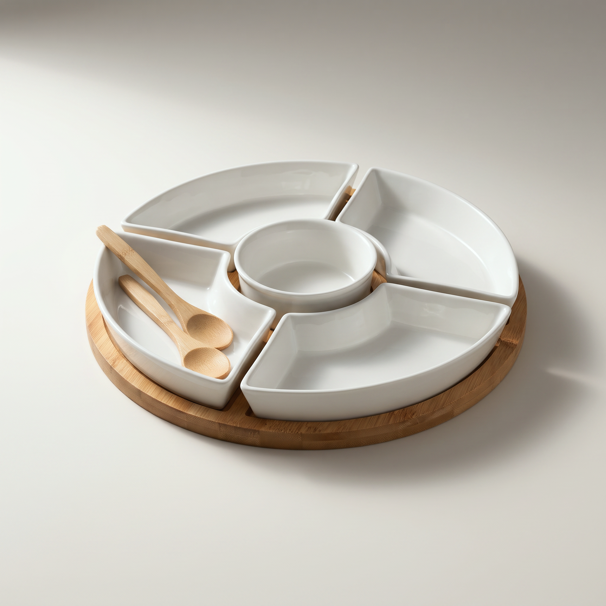 Round Appetizer Serving Set — Bamboo Tray with 5 Ceramic Bowls and 4 Spoons