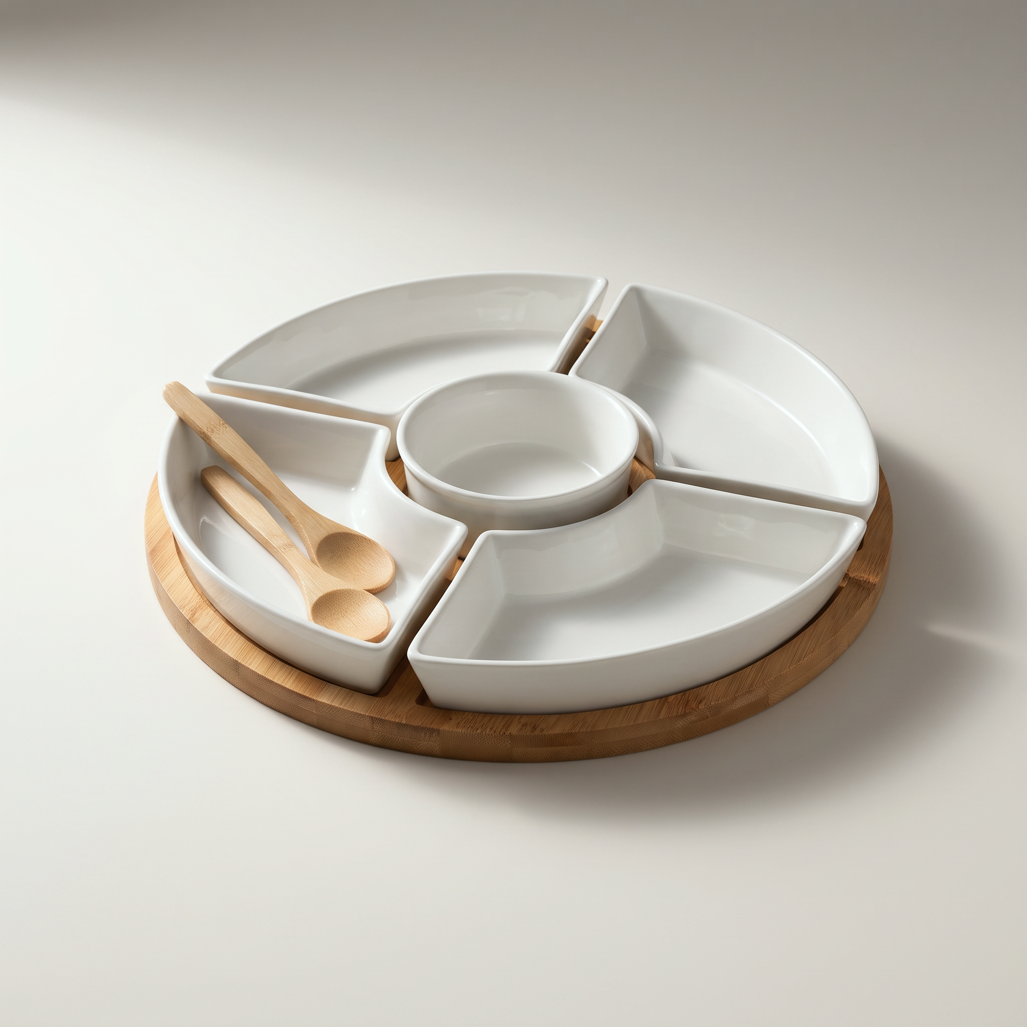 Round Appetizer Serving Set — Bamboo Tray with 5 Ceramic Bowls and 4 Spoons