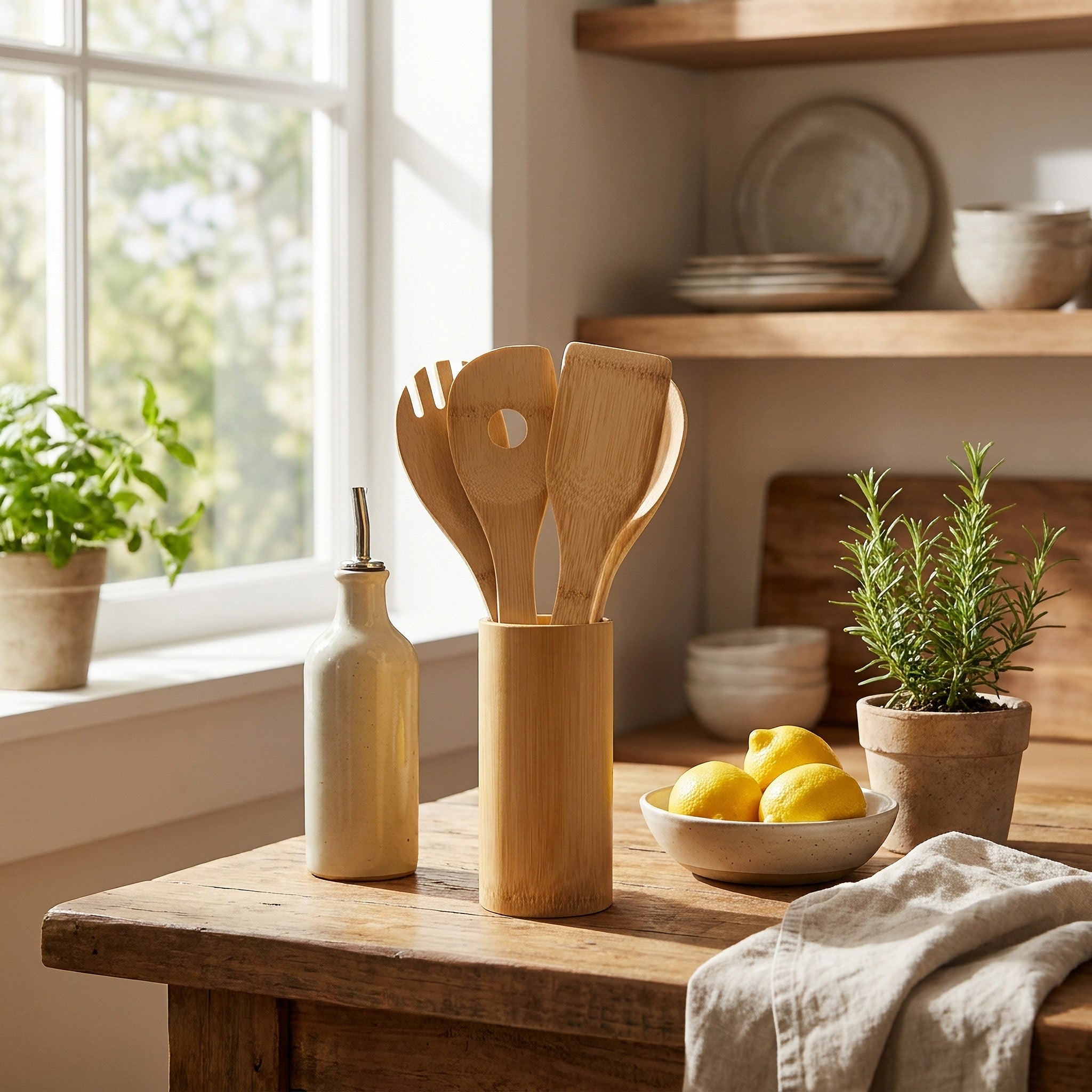 7-Piece Bamboo Kitchen Utensil Set with Holder