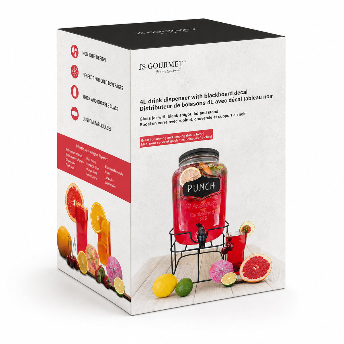 4L Glass Drink Dispenser with Chalkboard Decal and Metal Stand packaging