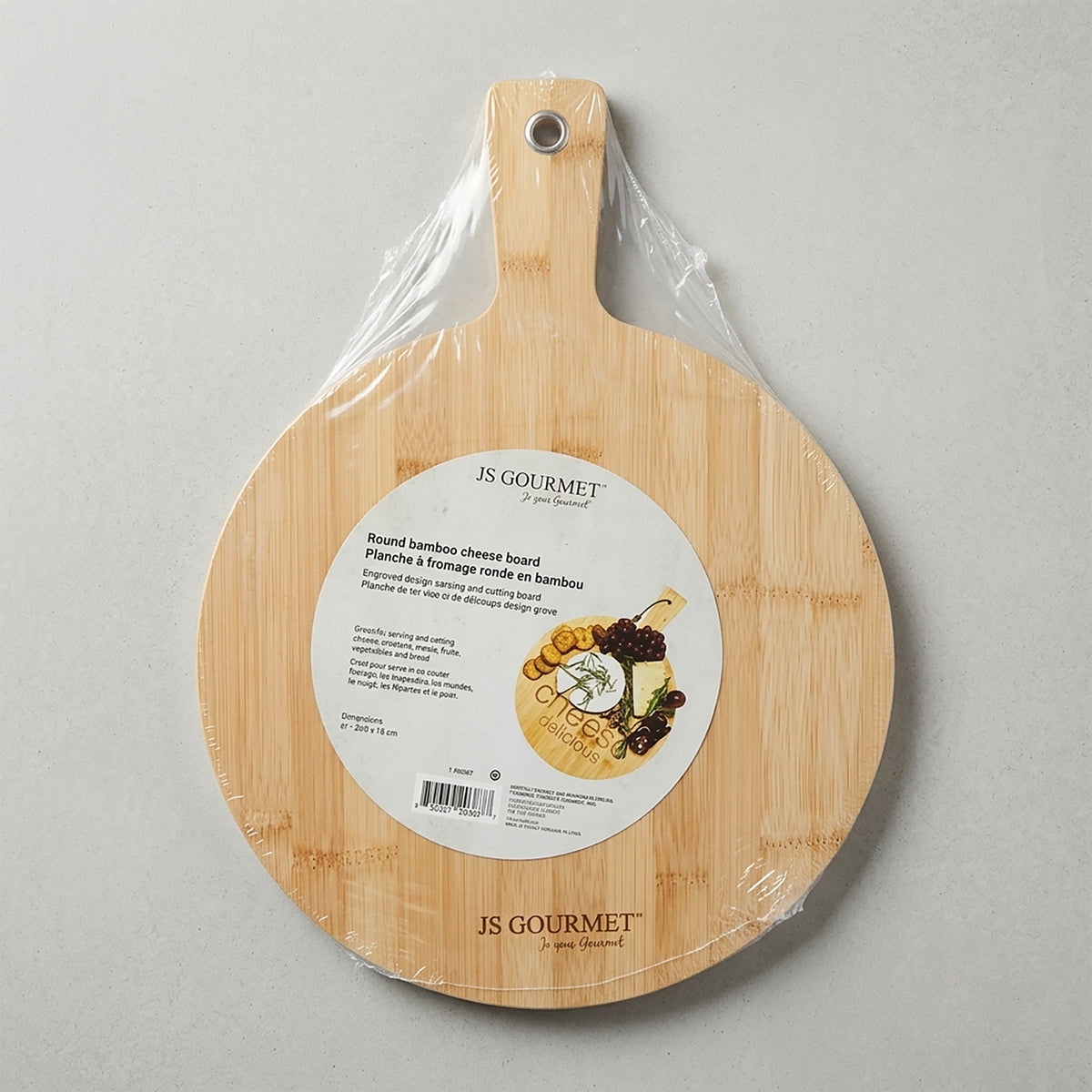 Round Bamboo Cheese Board with Engraved Design — 17" packaging
